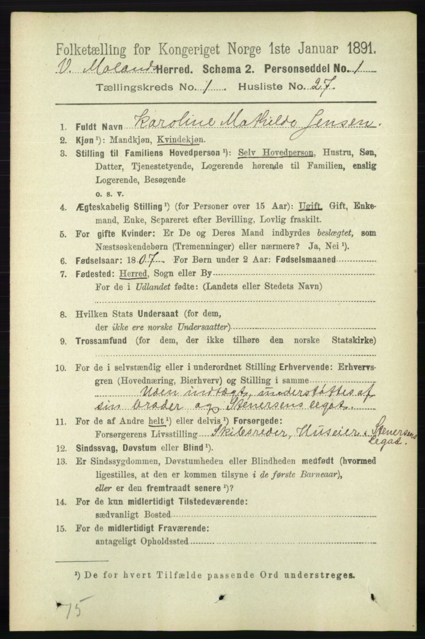 RA, 1891 census for 0926 Vestre Moland, 1891, p. 267