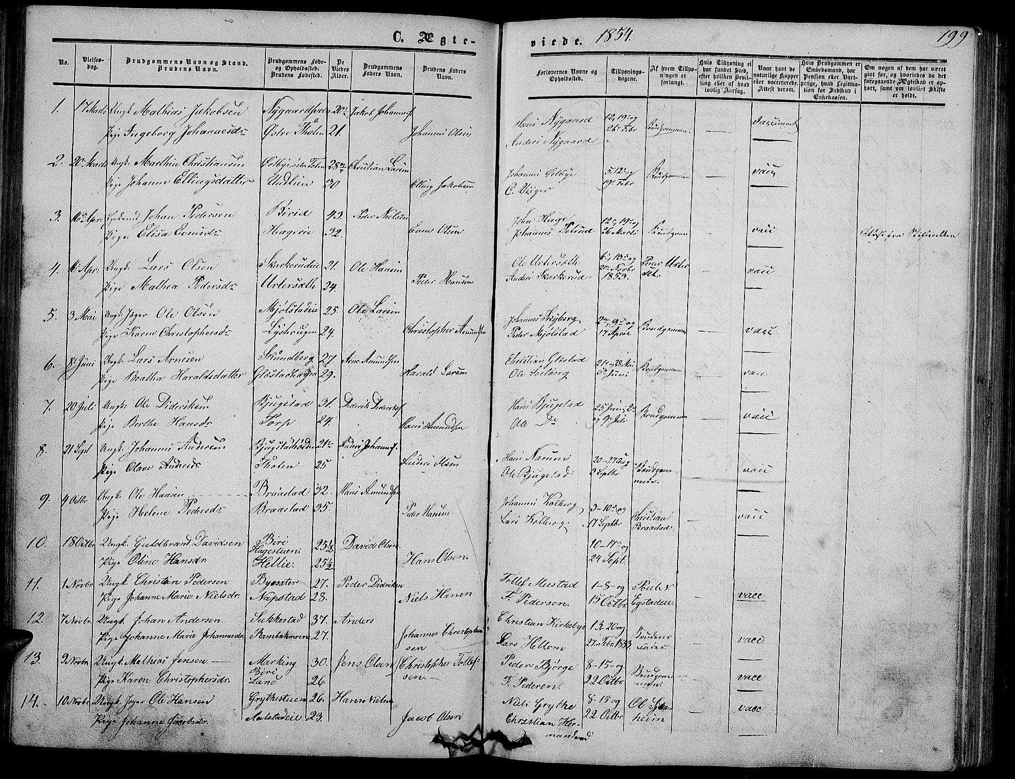 Vardal prestekontor, SAH/PREST-100/H/Ha/Hab/L0005: Parish register (copy) no. 5, 1854-1868, p. 199