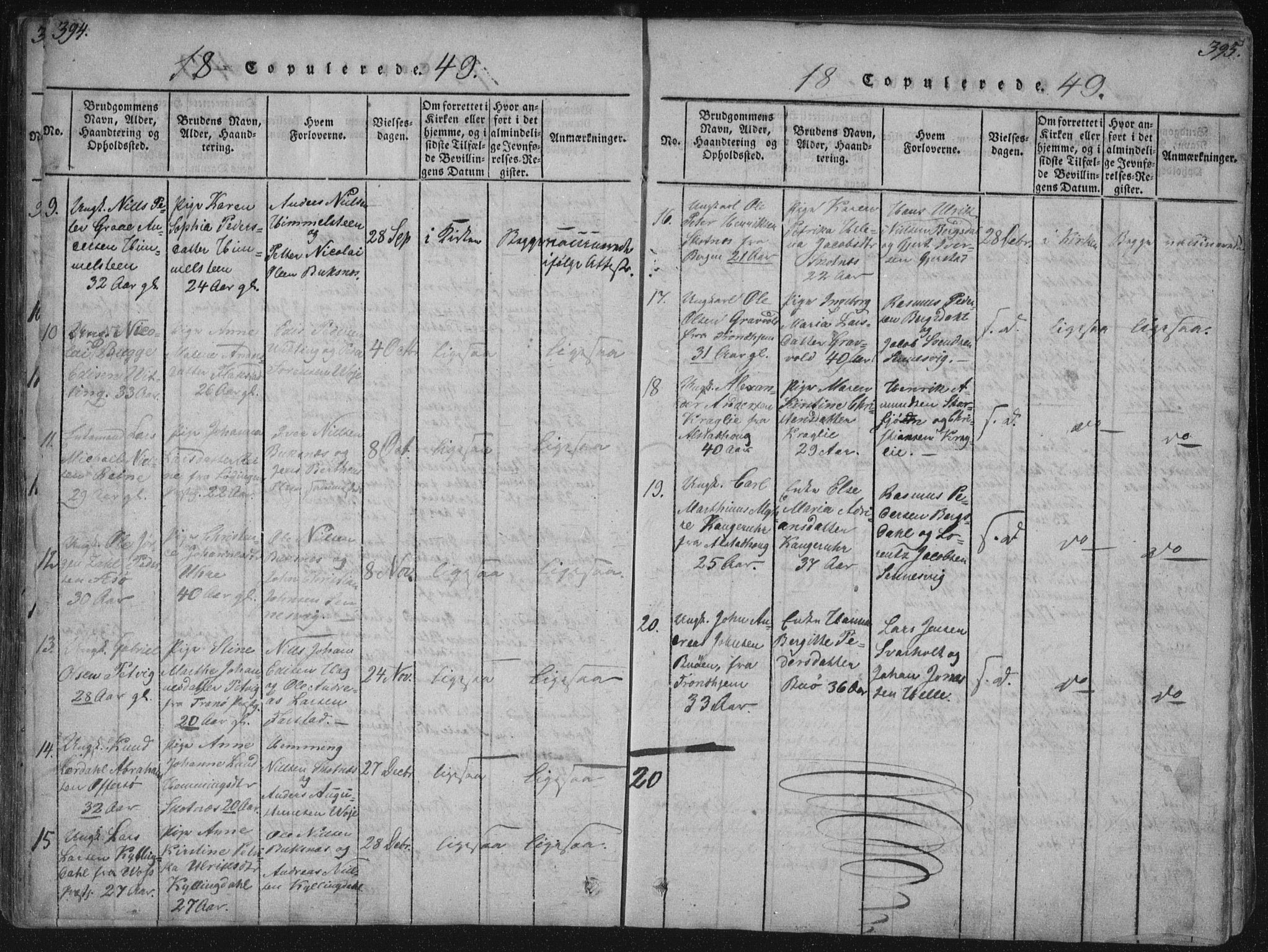 Ministerialprotokoller, klokkerbøker og fødselsregistre - Nordland, SAT/A-1459/881/L1164: Parish register (copy) no. 881C01, 1818-1853, p. 394-395