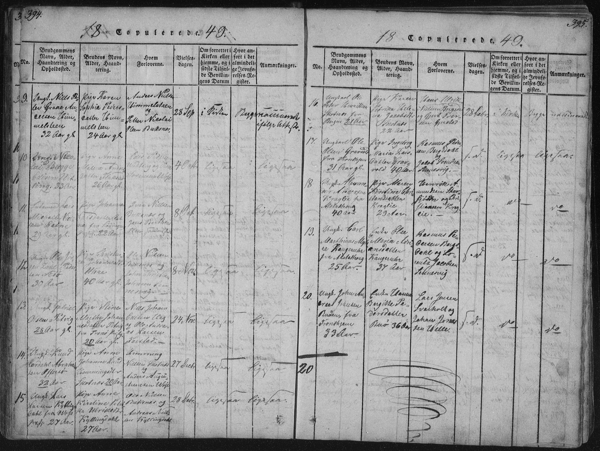 Ministerialprotokoller, klokkerbøker og fødselsregistre - Nordland, AV/SAT-A-1459/881/L1164: Parish register (copy) no. 881C01, 1818-1853, p. 394-395