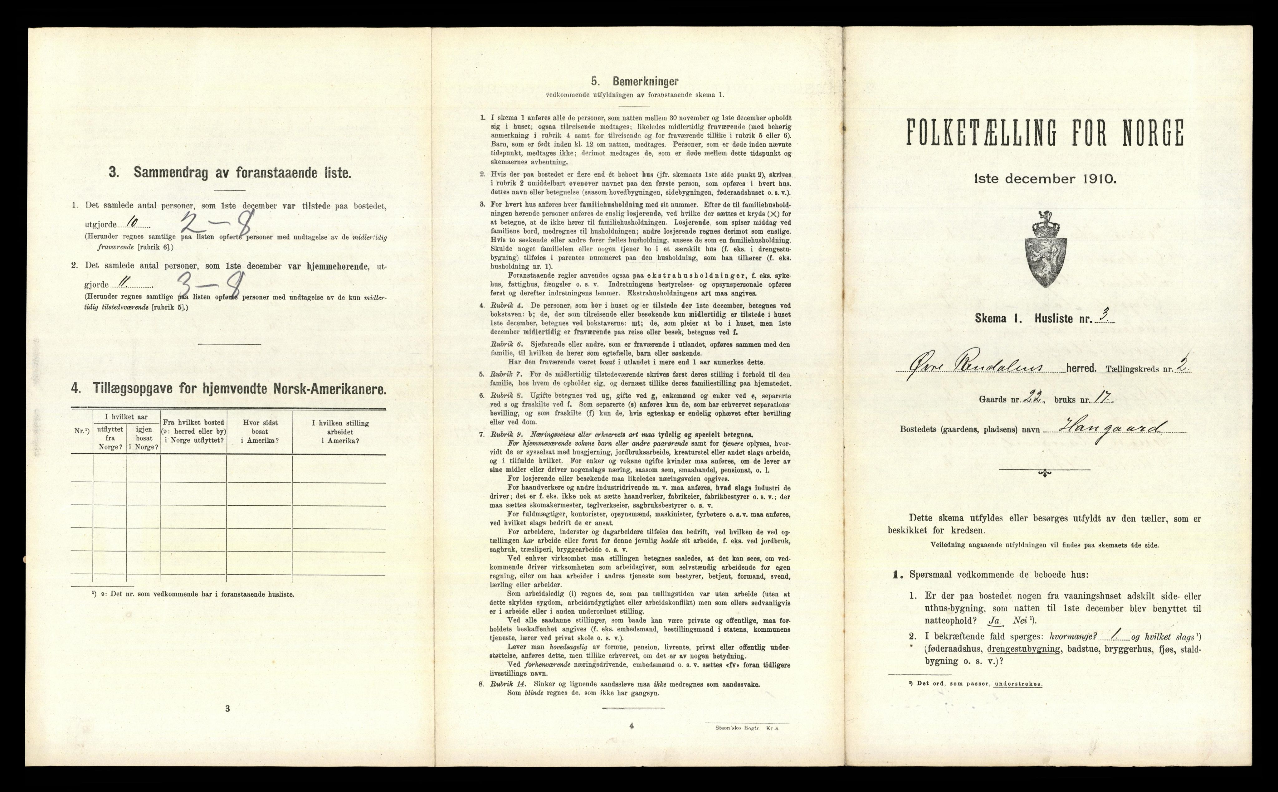 RA, 1910 census for Øvre Rendal, 1910, p. 182