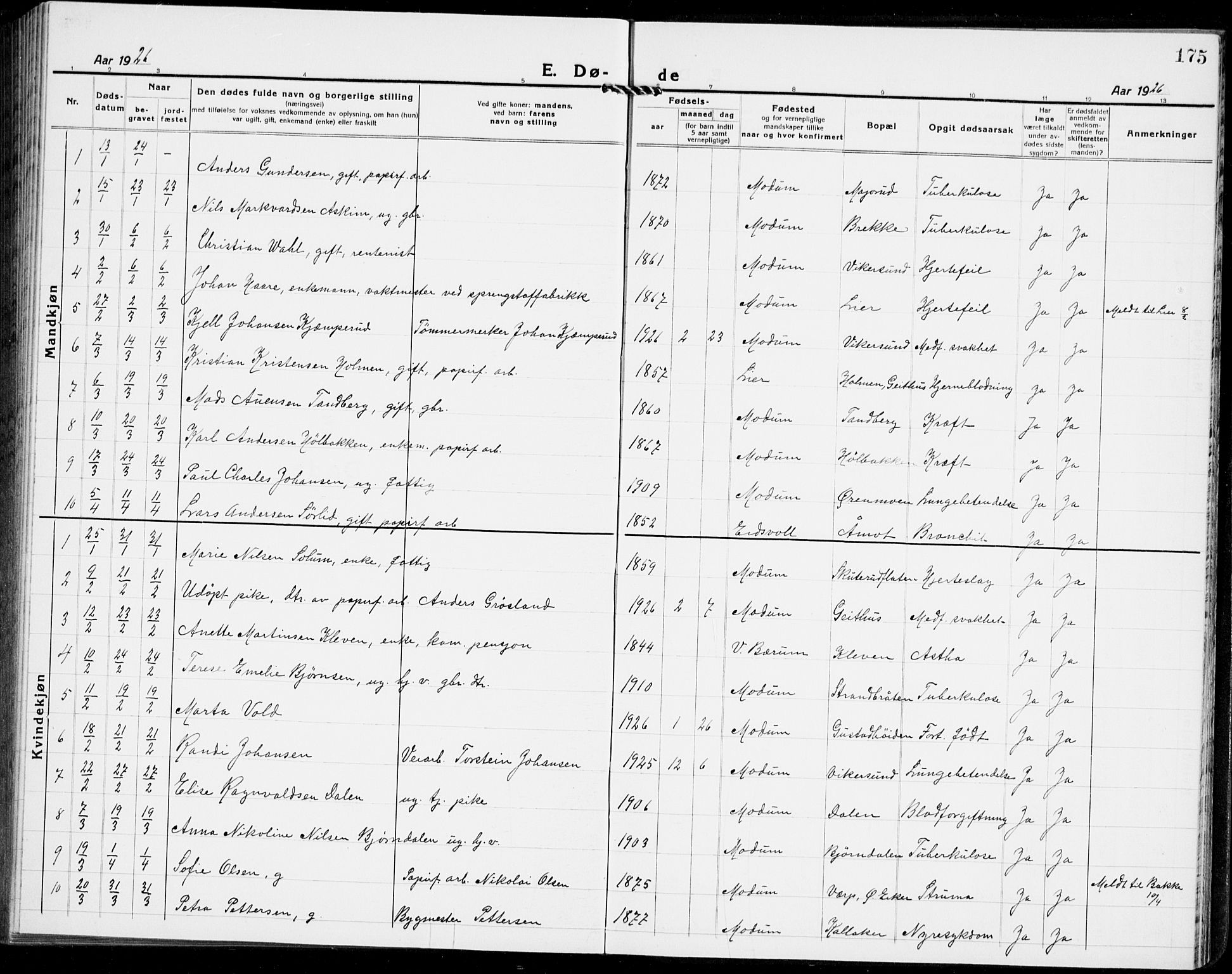 Modum kirkebøker, AV/SAKO-A-234/G/Ga/L0012: Parish register (copy) no. I 12, 1923-1933, p. 175