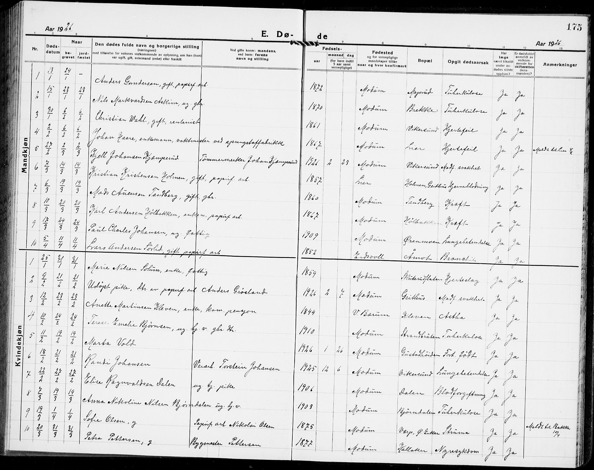 Modum kirkebøker, SAKO/A-234/G/Ga/L0012: Parish register (copy) no. I 12, 1923-1933, p. 175