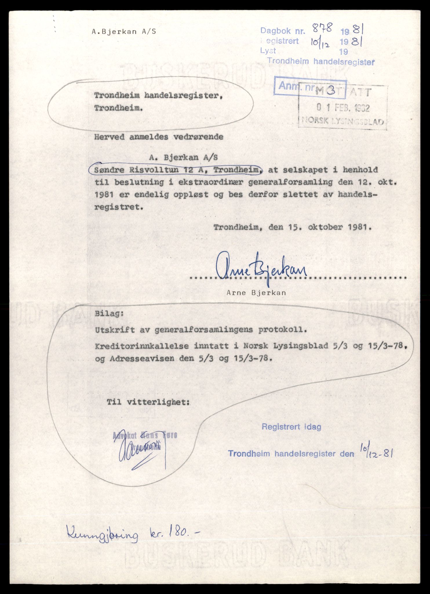 Trondheim byfogd, AV/SAT-A-0003/2/J/Jd/Jdb/L0055: Aksjeselskap, andelslag og borettslag, Bj-By, 1977-1981, p. 1