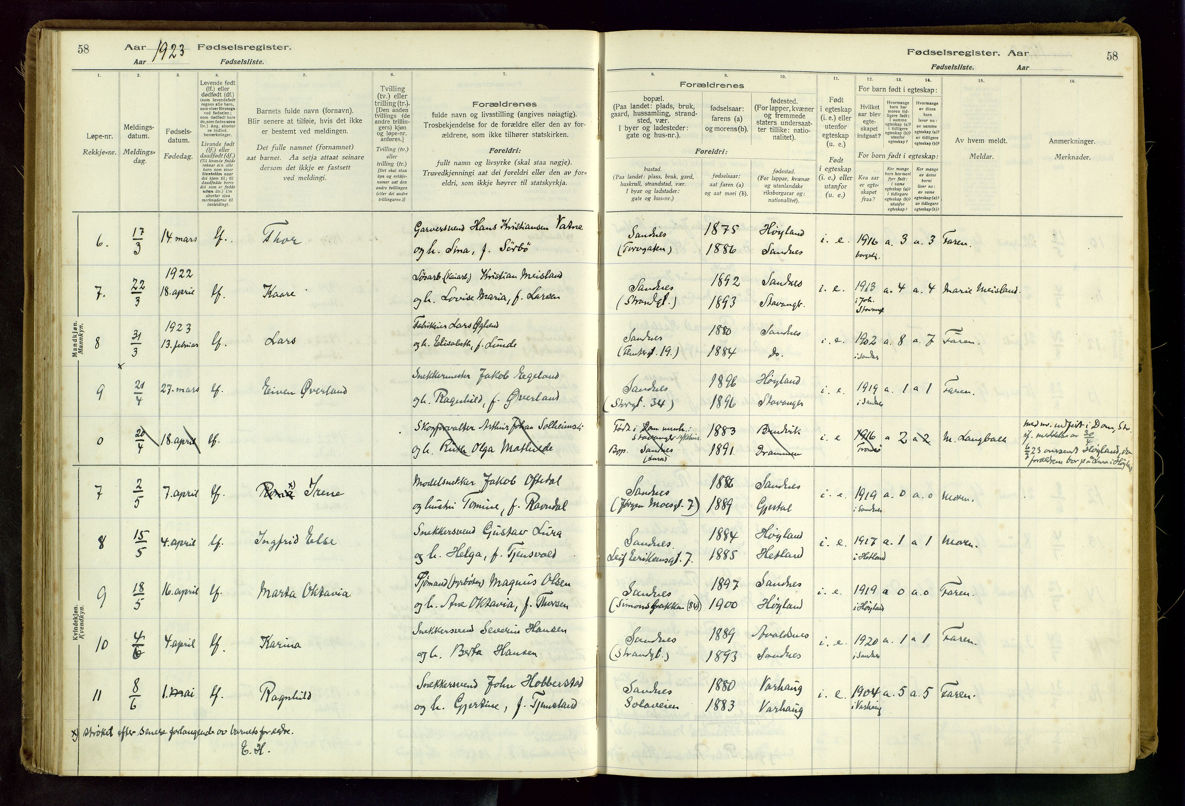 Sandnes sokneprestkontor, AV/SAST-A-101800/704BA/L0001: Birth register no. 1, 1916-1942, p. 58