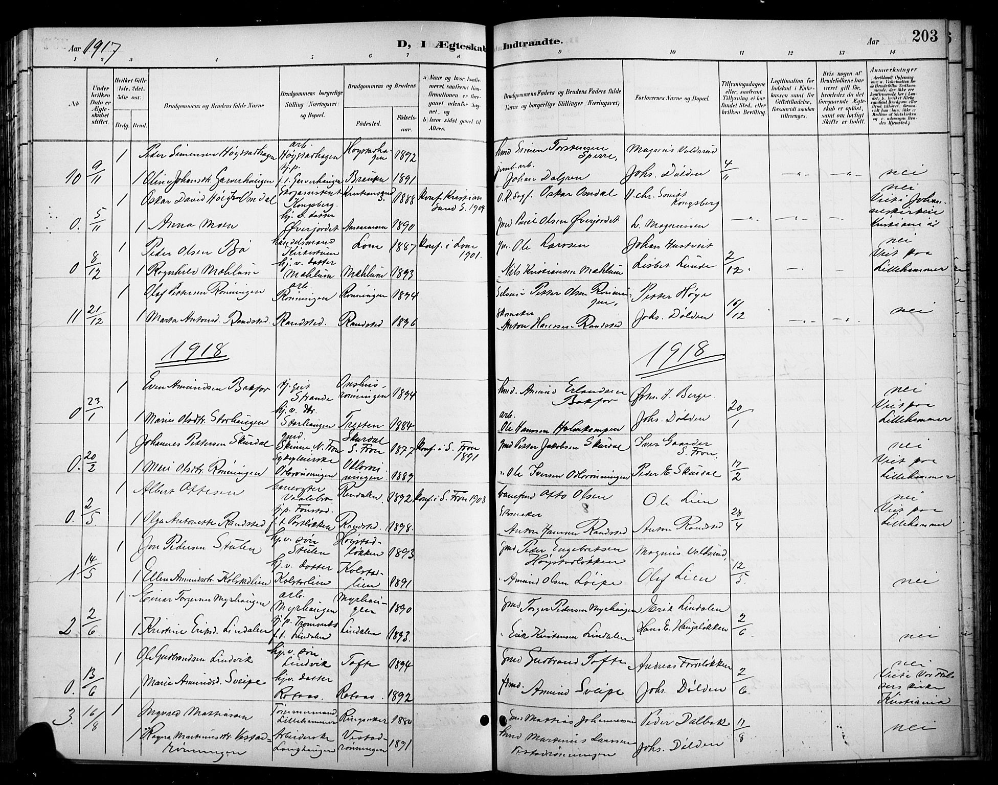 Ringebu prestekontor, SAH/PREST-082/H/Ha/Hab/L0009: Parish register (copy) no. 9, 1899-1921, p. 203