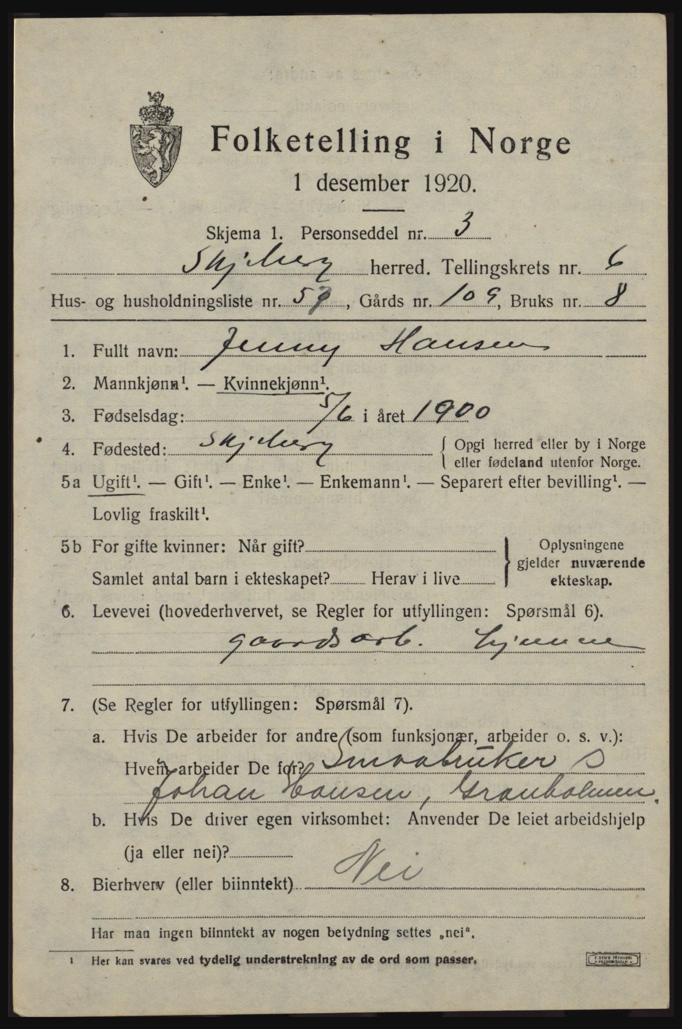 SAO, 1920 census for Skjeberg, 1920, p. 7163