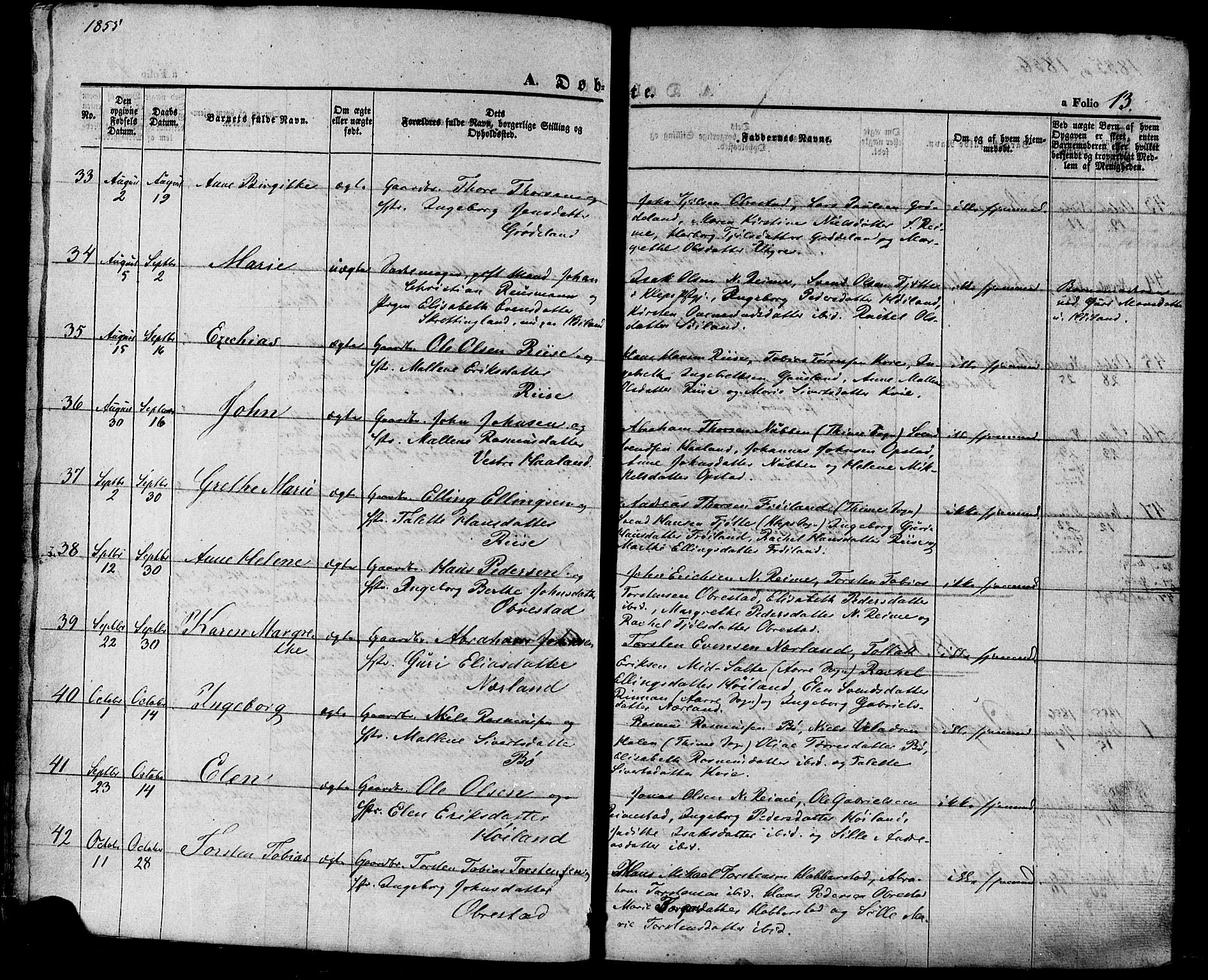 Hå sokneprestkontor, AV/SAST-A-101801/001/30BA/L0008: Parish register (official) no. A 7, 1853-1878, p. 13