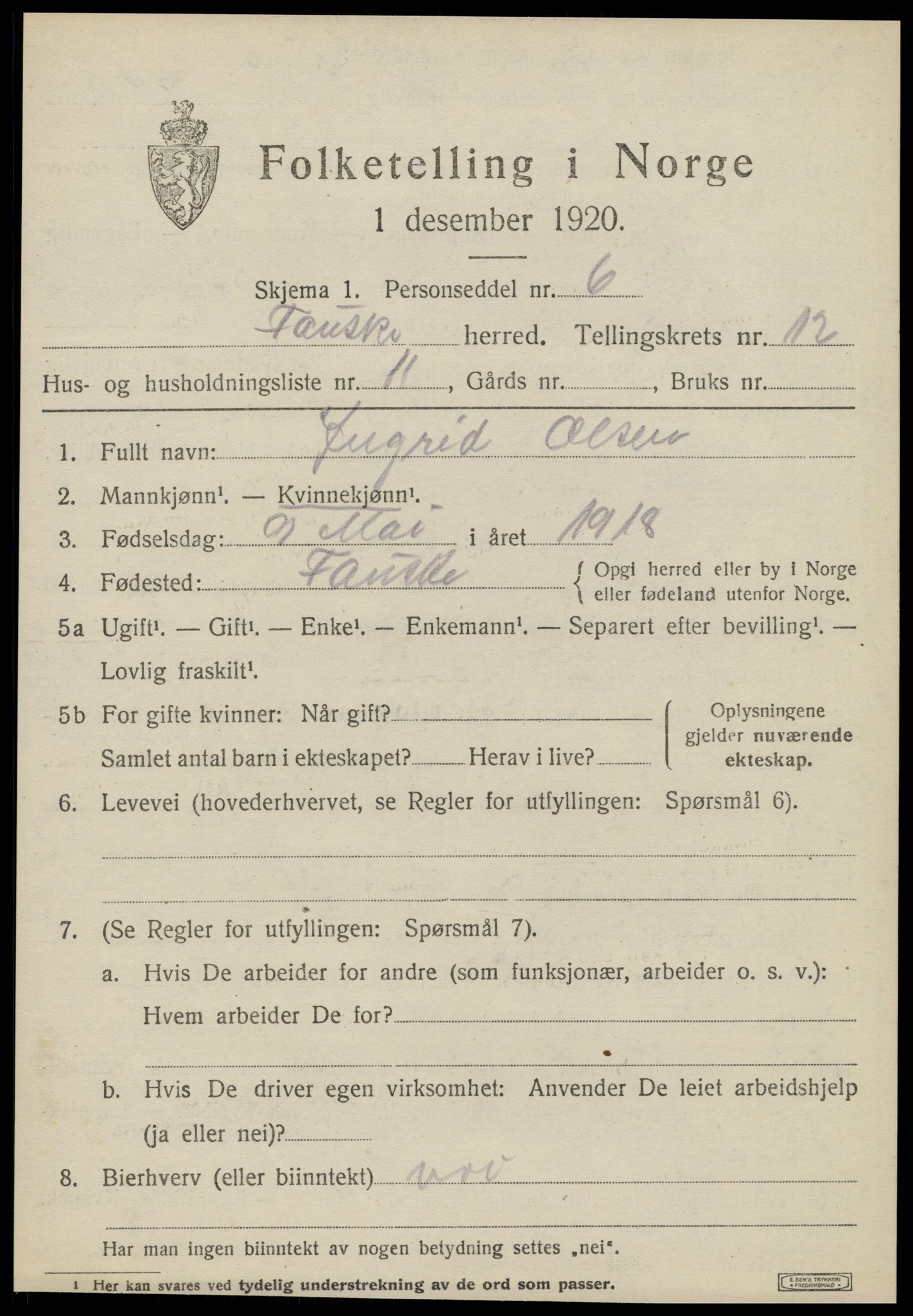 SAT, 1920 census for Fauske, 1920, p. 8350