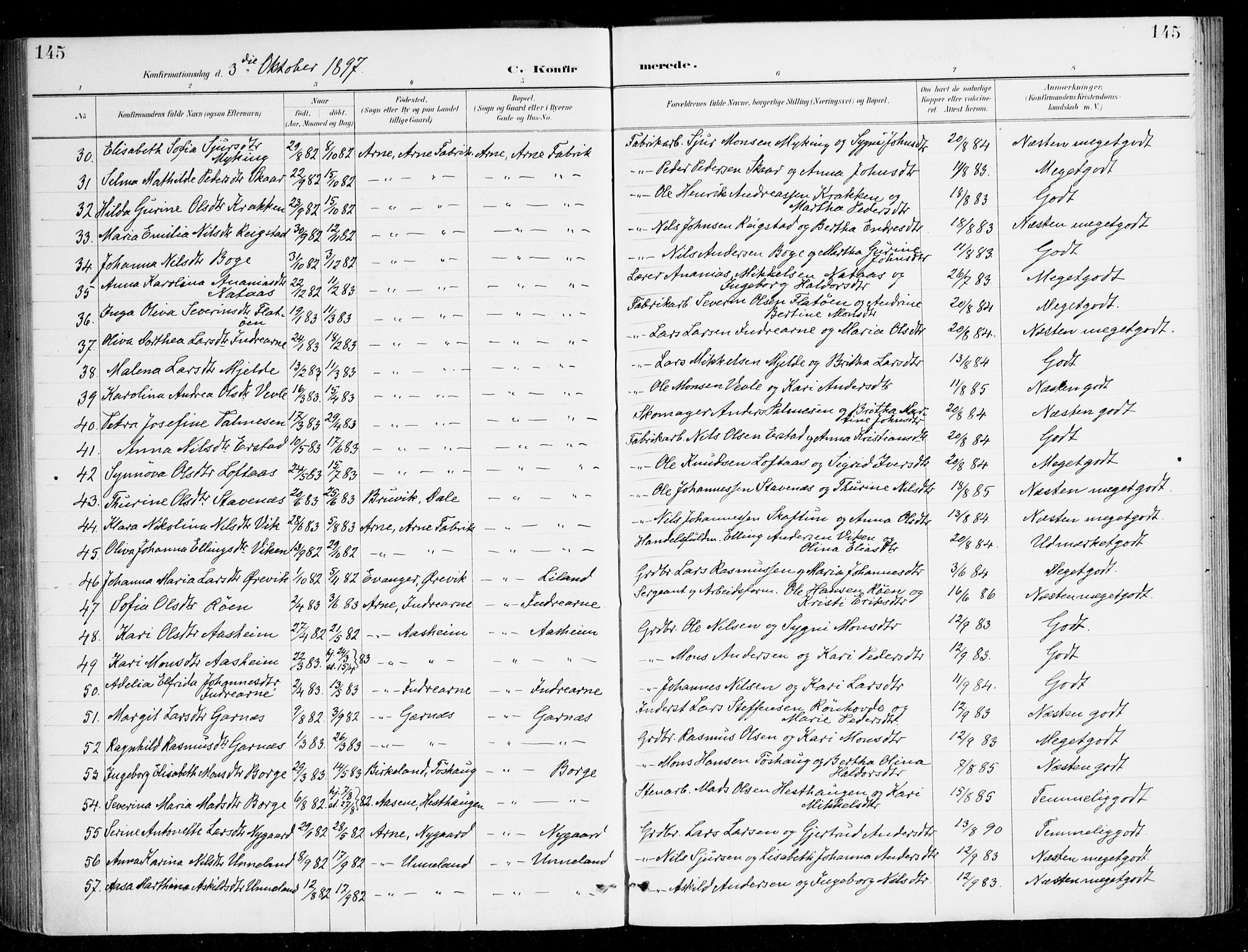 Haus sokneprestembete, AV/SAB-A-75601/H/Haa/Haad/L0001: Parish register (official) no. D 1, 1887-1898, p. 145