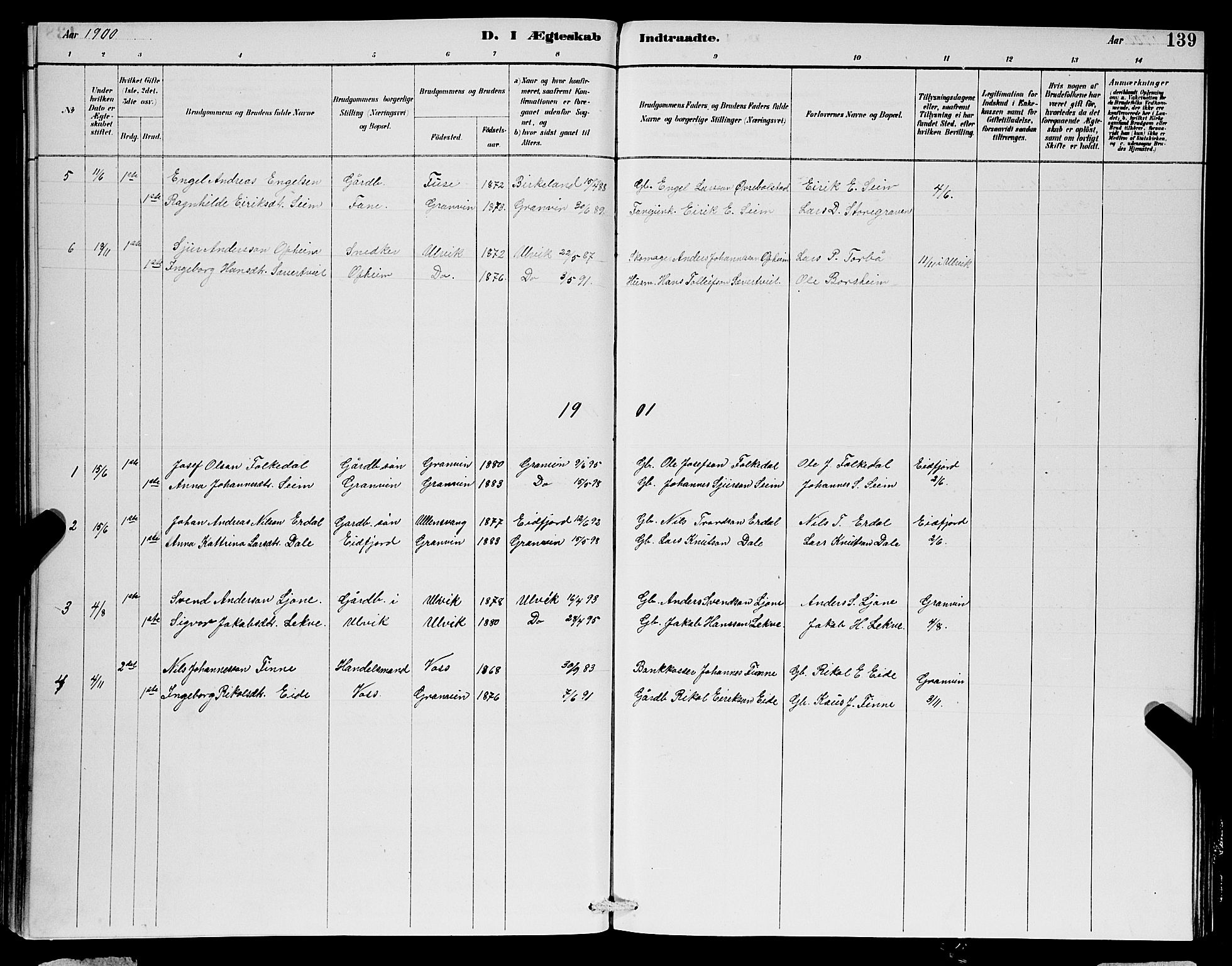 Ulvik sokneprestembete, SAB/A-78801/H/Hab: Parish register (copy) no. B 3, 1884-1901, p. 139