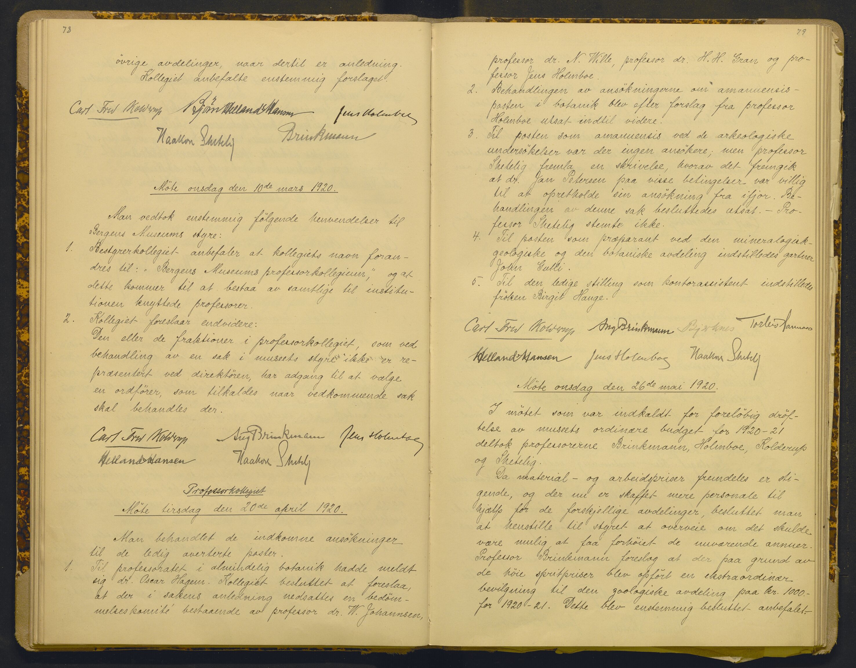 Bergens Museum, AV/SAB-A-17301/18/A/L0001: Bestyrerkollegiets forhandlingsprotokoll med register , 1907-1927, p. 78-79