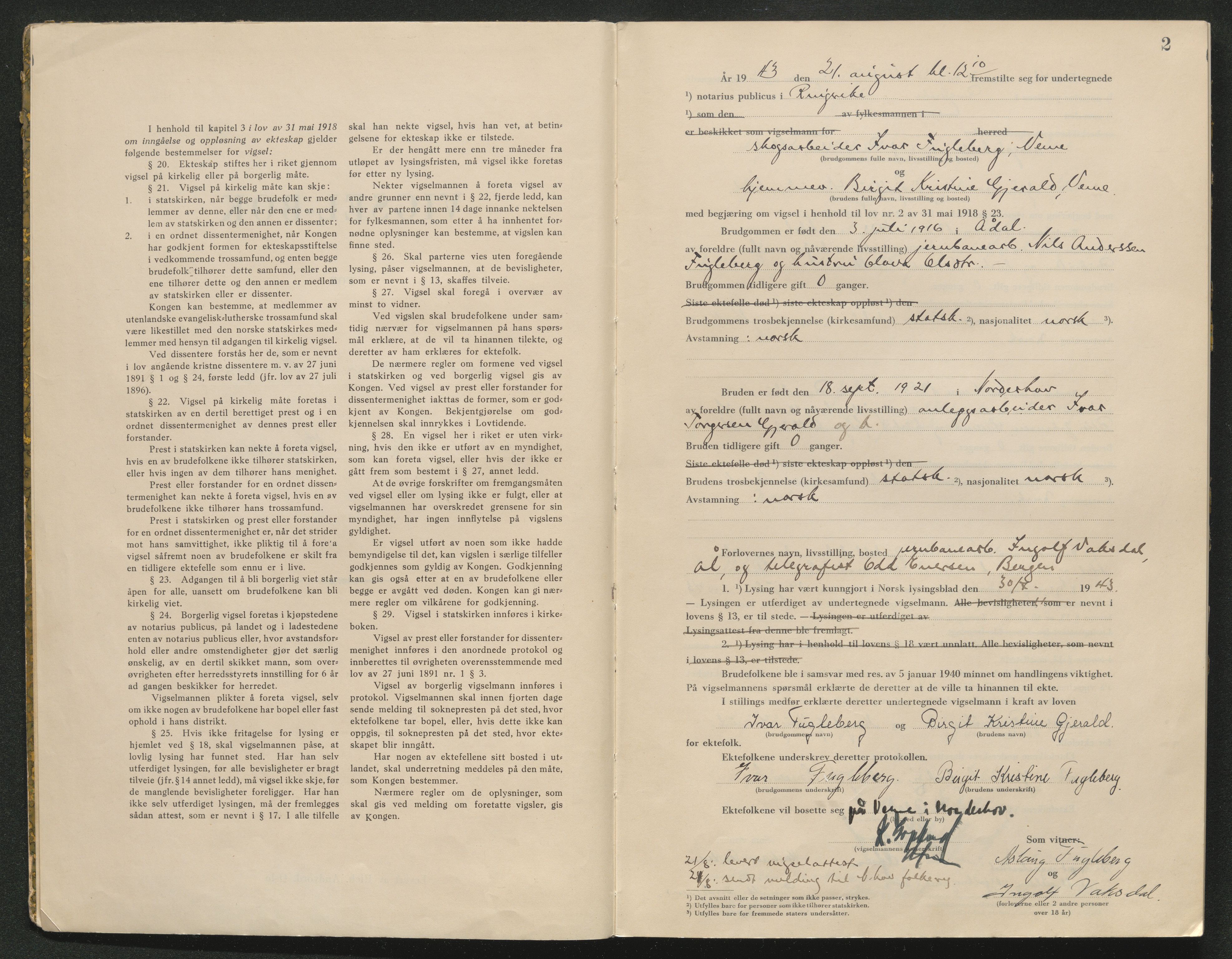 Ringerike sorenskriveri, AV/SAKO-A-105/L/Lc/L0003: Vigselsbok, 1943-1944, p. 2