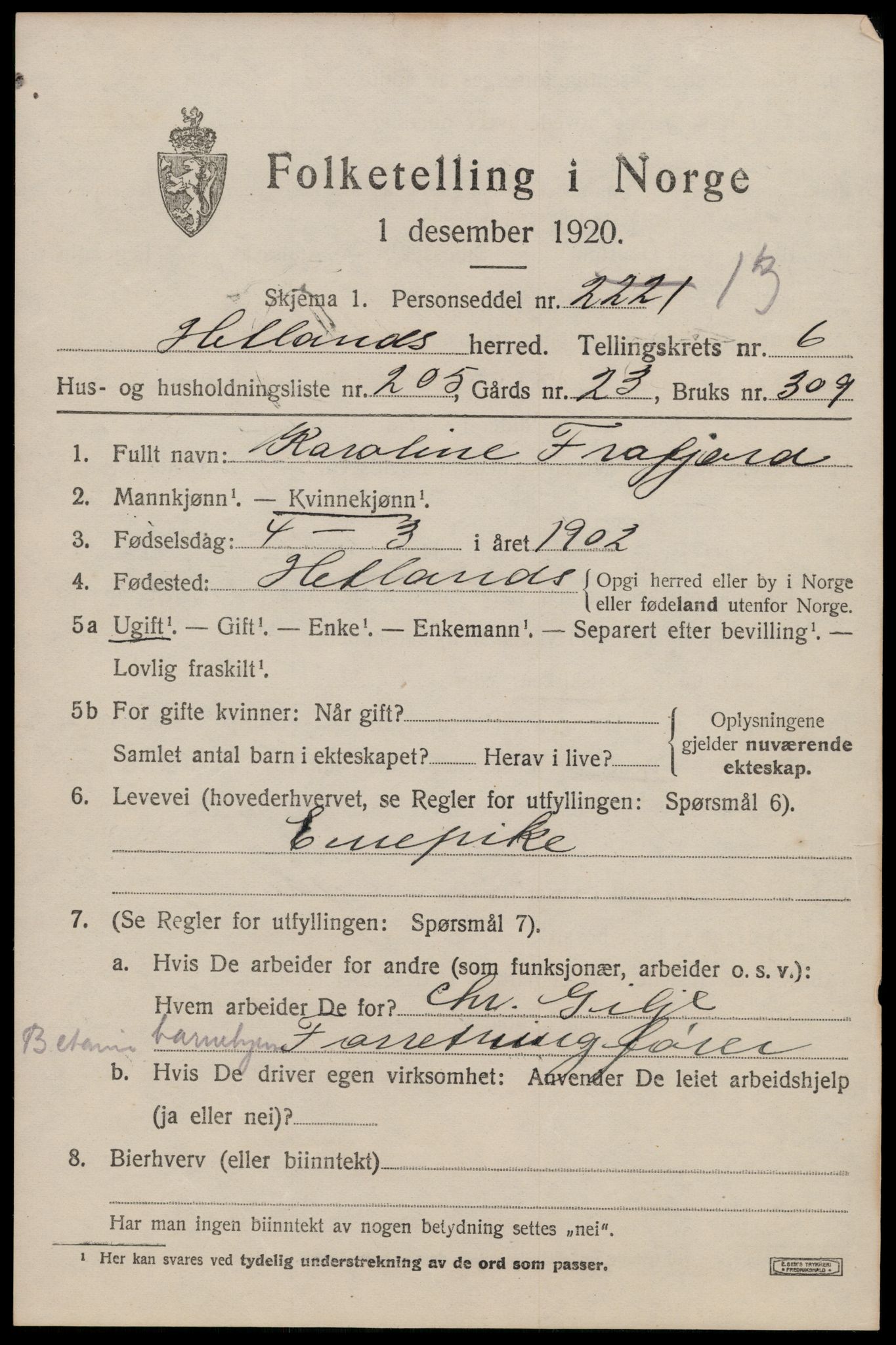 SAST, 1920 census for Hetland, 1920, p. 13885