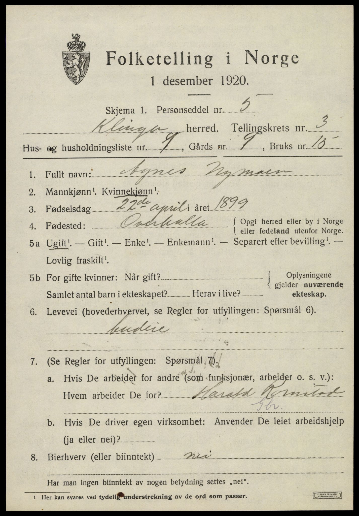 SAT, 1920 census for Klinga, 1920, p. 2077
