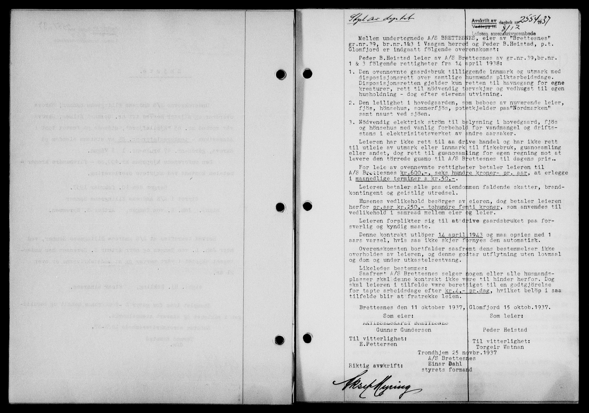 Lofoten sorenskriveri, SAT/A-0017/1/2/2C/L0003a: Mortgage book no. 3a, 1937-1938, Diary no: : 2554/1937