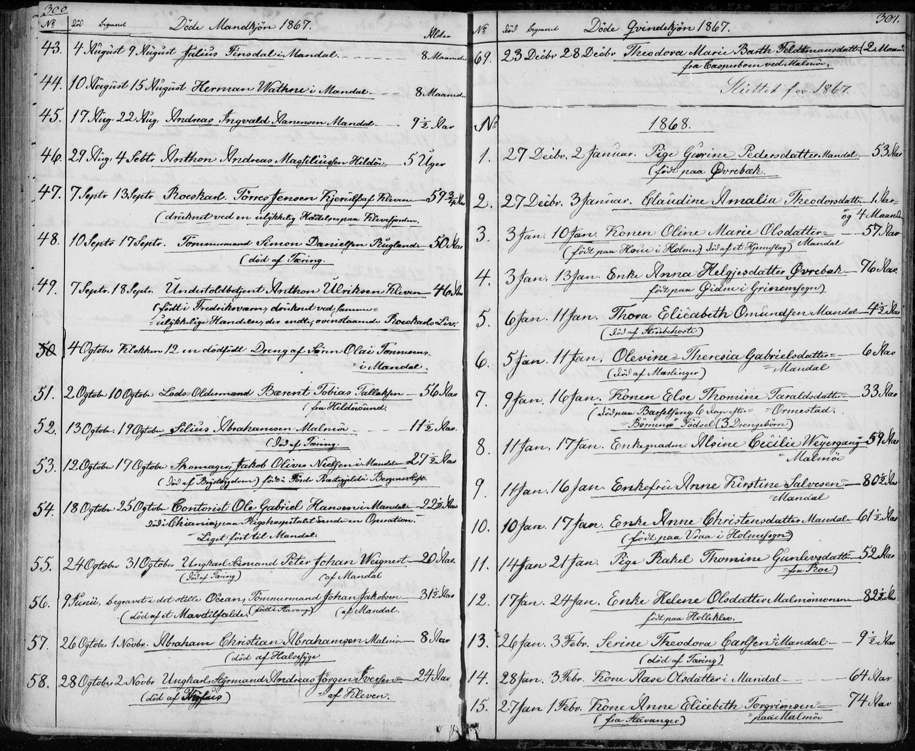 Mandal sokneprestkontor, SAK/1111-0030/F/Fb/Fba/L0008: Parish register (copy) no. B 2, 1854-1868, p. 300-301