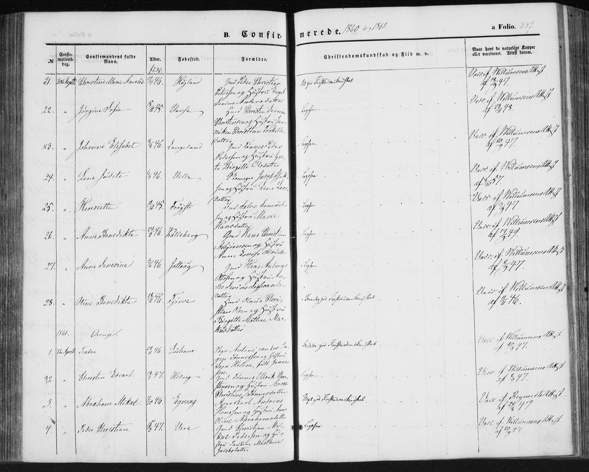 Lista sokneprestkontor, AV/SAK-1111-0027/F/Fa/L0010: Parish register (official) no. A 10, 1846-1861, p. 247