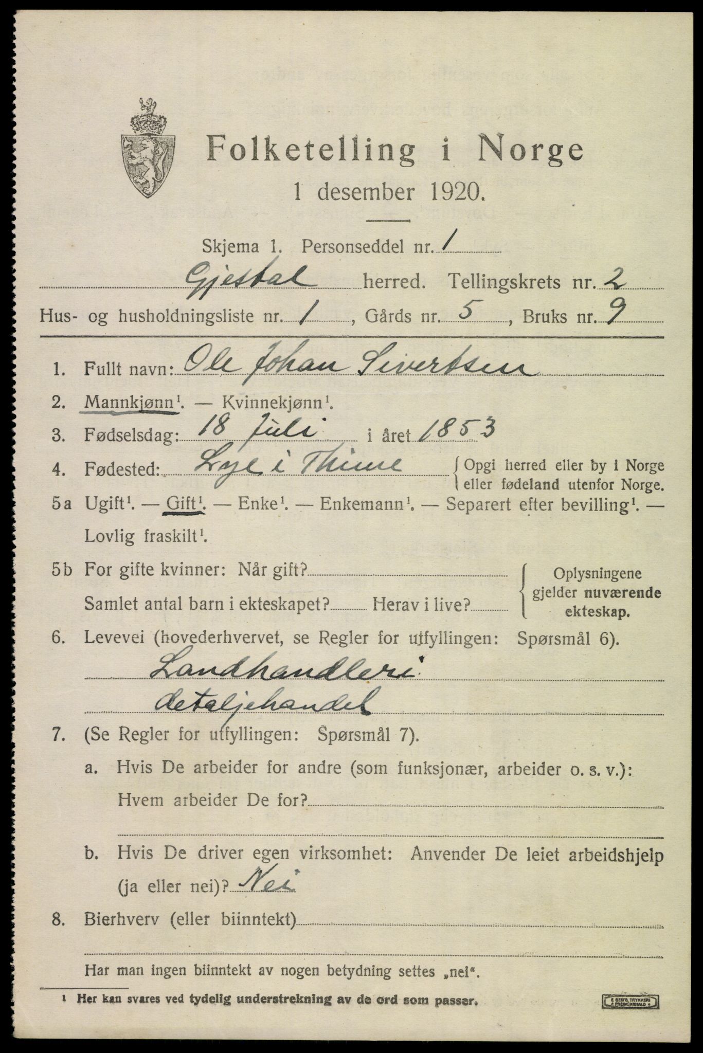 SAST, 1920 census for Gjesdal, 1920, p. 1456