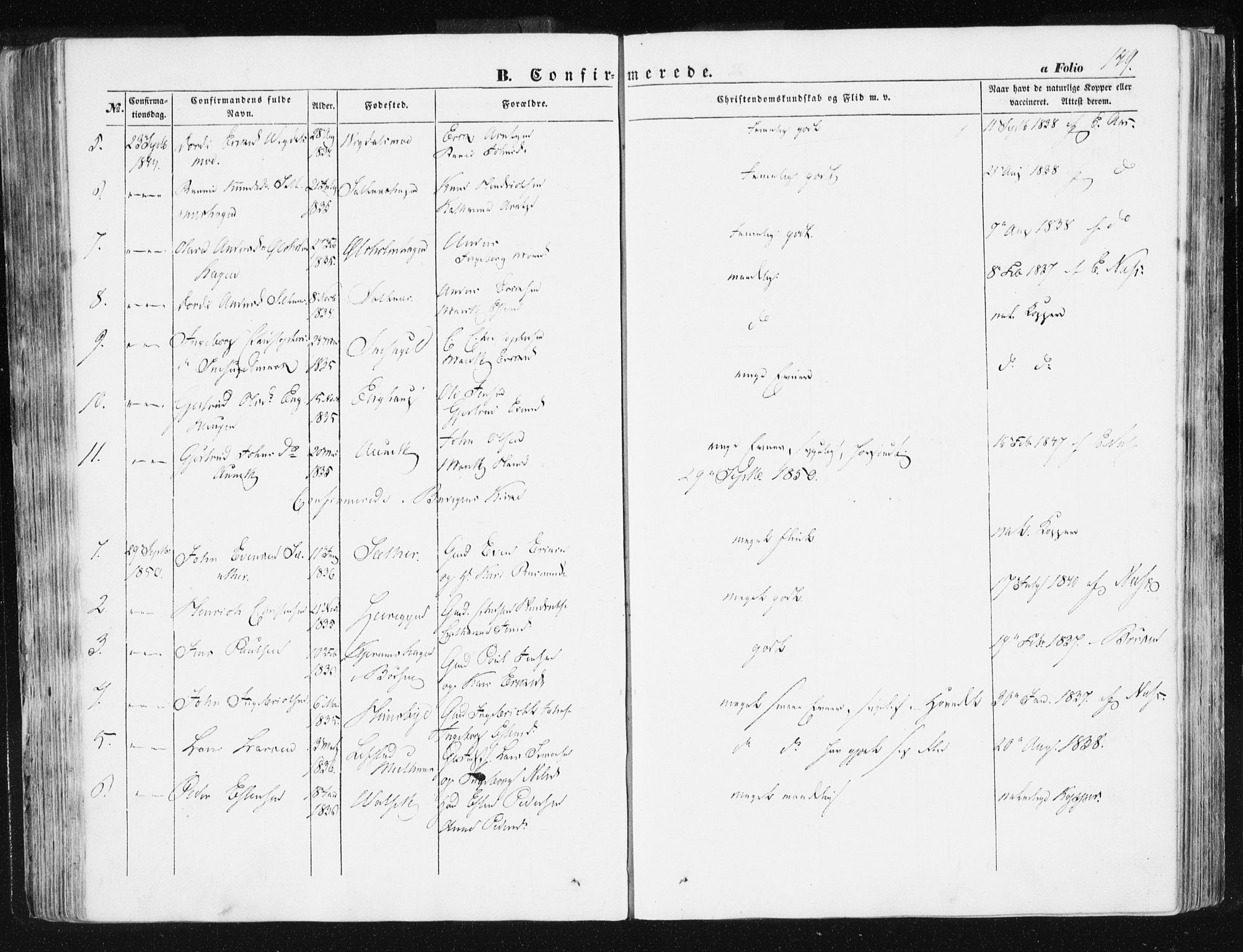 Ministerialprotokoller, klokkerbøker og fødselsregistre - Sør-Trøndelag, AV/SAT-A-1456/612/L0376: Parish register (official) no. 612A08, 1846-1859, p. 149