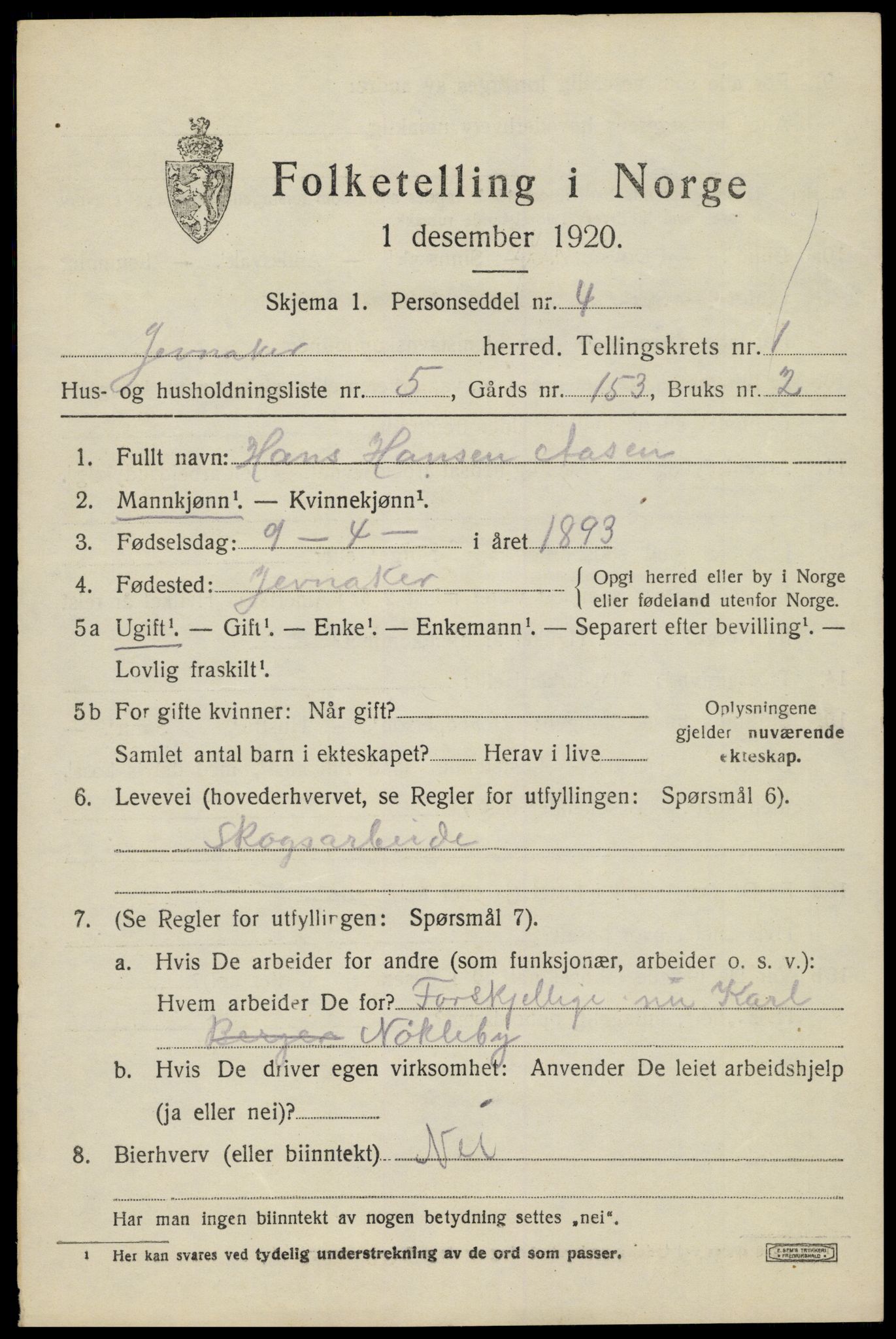 SAH, 1920 census for Jevnaker, 1920, p. 1281