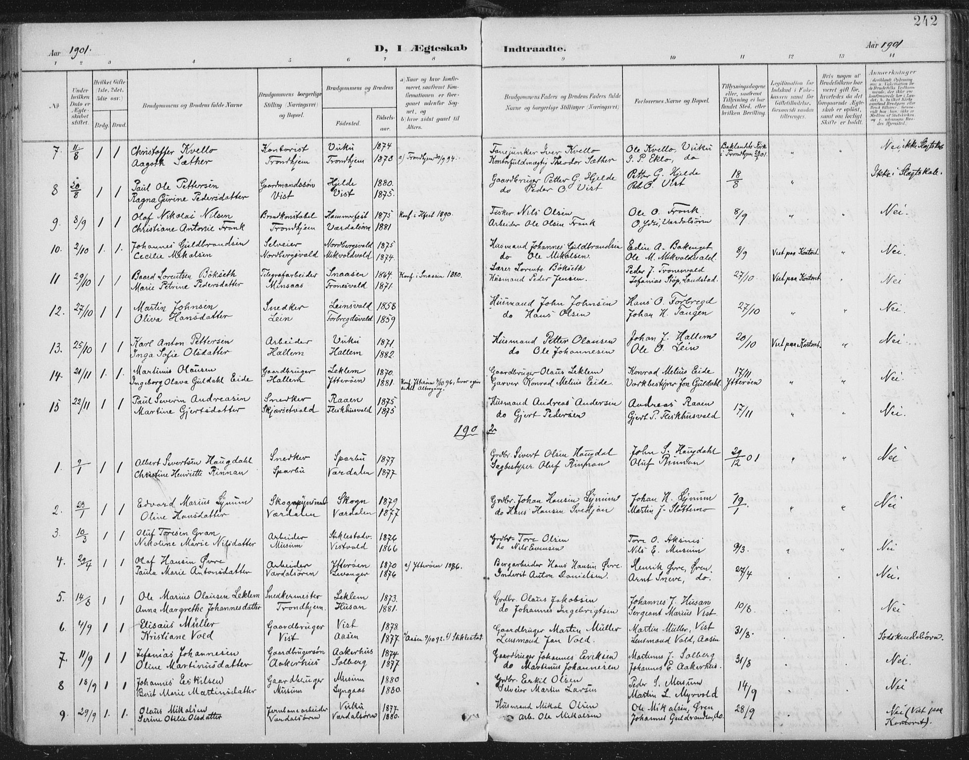Ministerialprotokoller, klokkerbøker og fødselsregistre - Nord-Trøndelag, SAT/A-1458/723/L0246: Parish register (official) no. 723A15, 1900-1917, p. 242