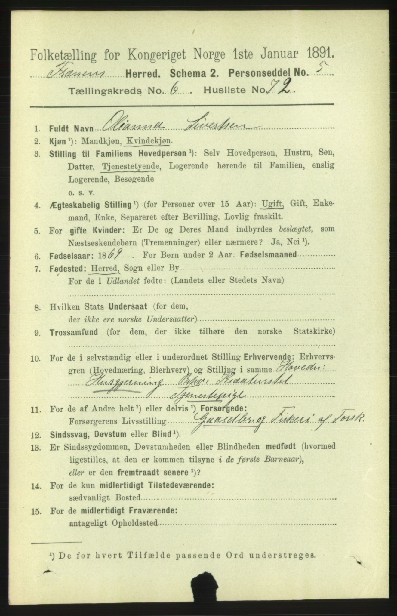 RA, 1891 census for 1548 Fræna, 1891, p. 2279