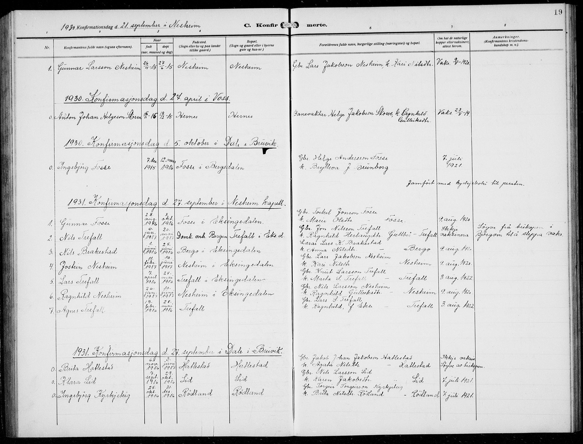 Evanger sokneprestembete, AV/SAB-A-99924: Parish register (copy) no. A 6, 1918-1941, p. 19