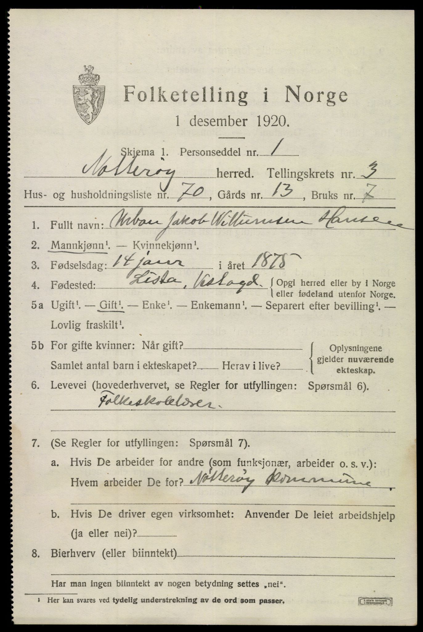 SAKO, 1920 census for Nøtterøy, 1920, p. 6291