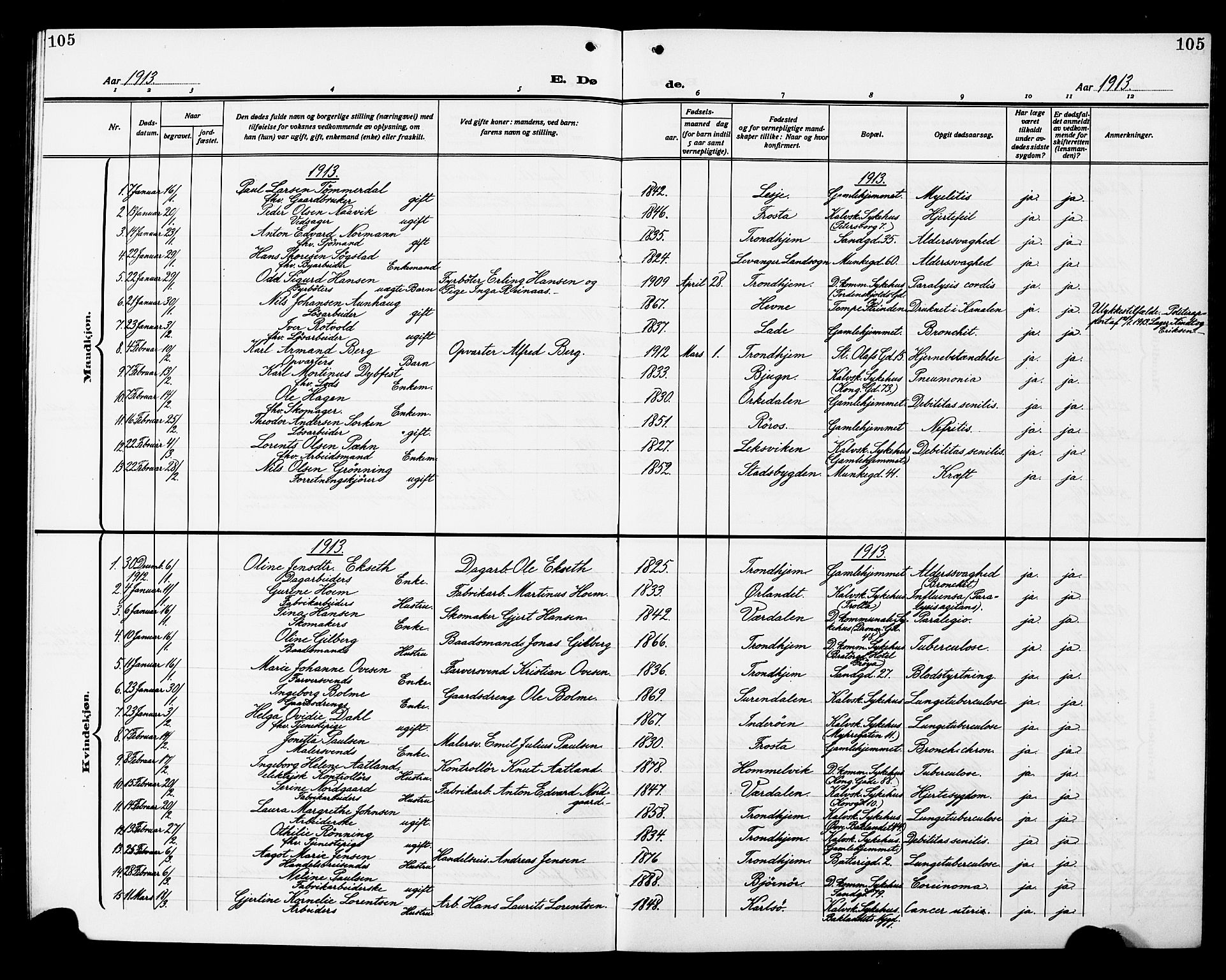 Ministerialprotokoller, klokkerbøker og fødselsregistre - Sør-Trøndelag, SAT/A-1456/602/L0147: Parish register (copy) no. 602C15, 1911-1924, p. 105
