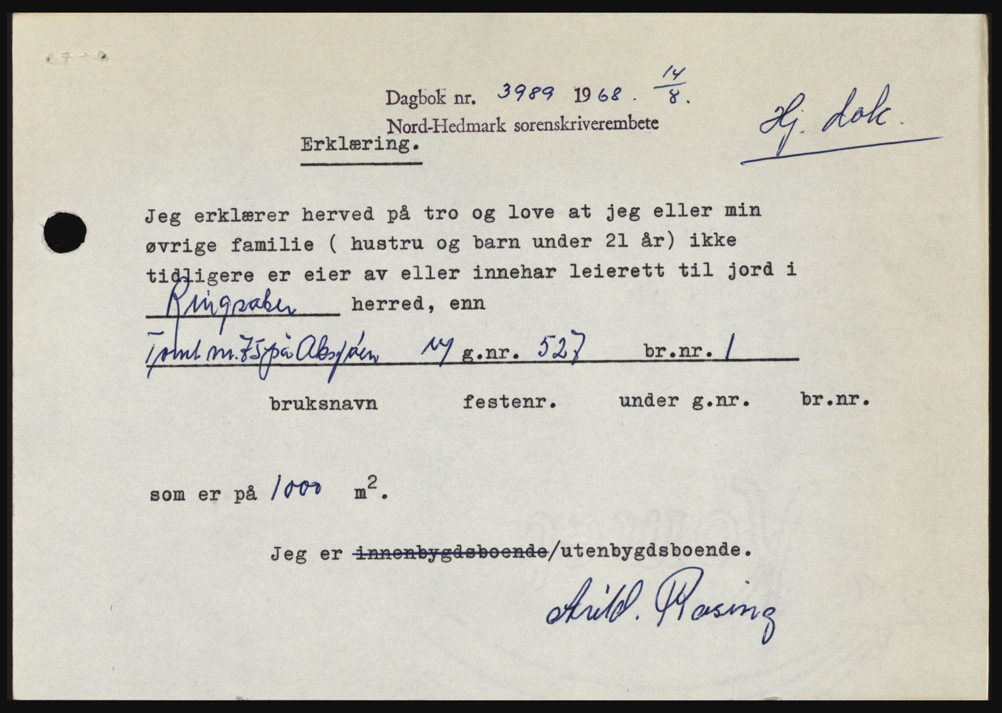 Nord-Hedmark sorenskriveri, SAH/TING-012/H/Hc/L0028: Mortgage book no. 28, 1968-1968, Diary no: : 3989/1968
