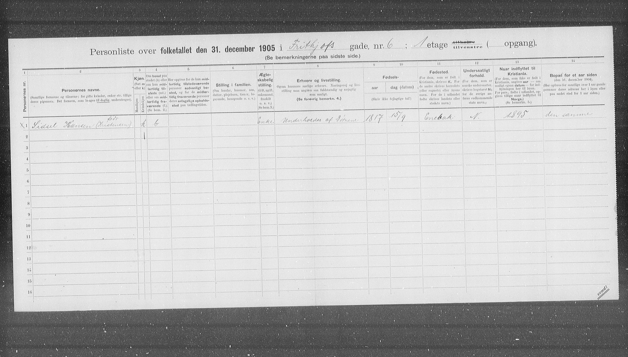 OBA, Municipal Census 1905 for Kristiania, 1905, p. 13960