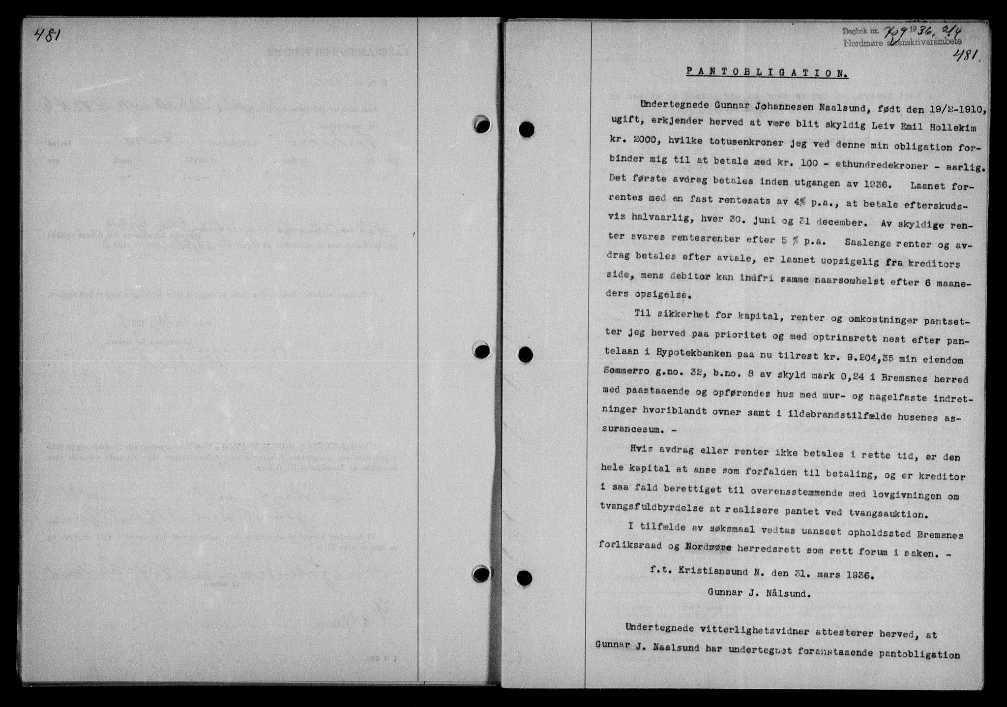 Nordmøre sorenskriveri, AV/SAT-A-4132/1/2/2Ca/L0087: Mortgage book no. 77, 1935-1936, Deed date: 02.04.1936