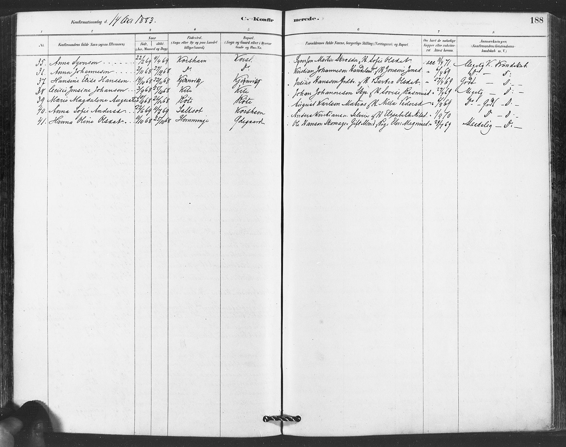 Hvaler prestekontor Kirkebøker, SAO/A-2001/F/Fa/L0008: Parish register (official) no. I 8, 1878-1895, p. 188