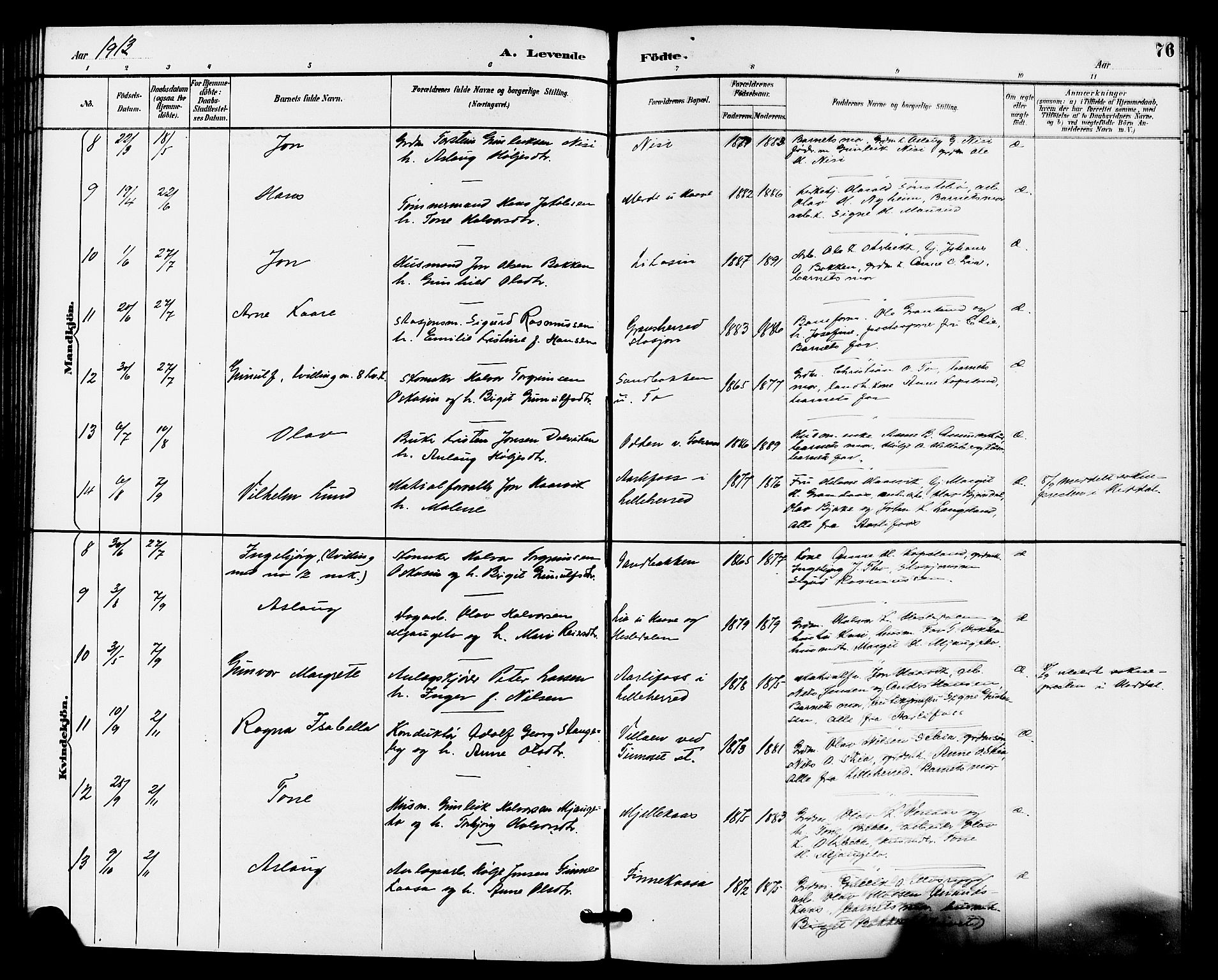 Gransherad kirkebøker, SAKO/A-267/G/Ga/L0003: Parish register (copy) no. I 3, 1887-1915, p. 76