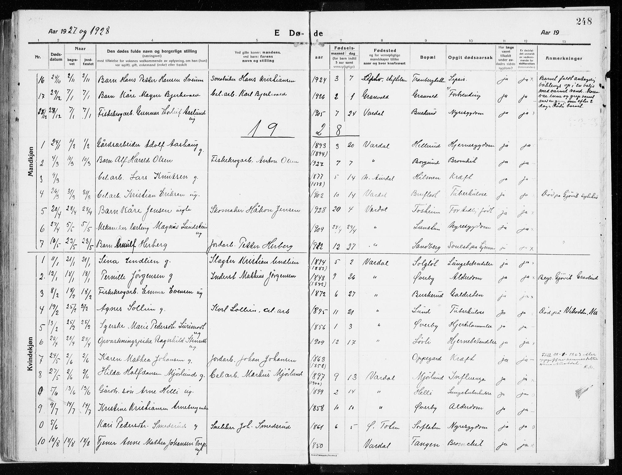 Vardal prestekontor, SAH/PREST-100/H/Ha/Haa/L0017: Parish register (official) no. 17, 1915-1929, p. 248