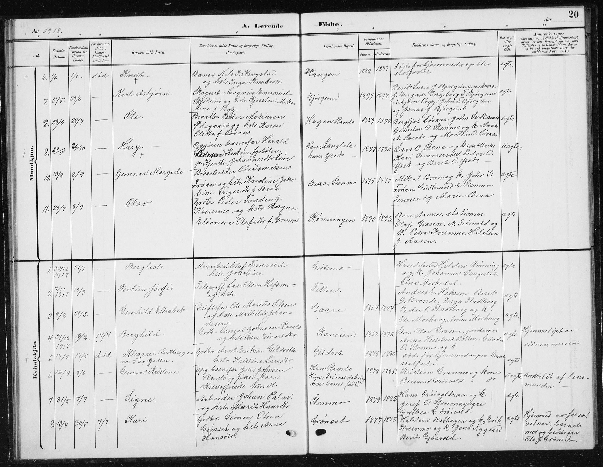 Ministerialprotokoller, klokkerbøker og fødselsregistre - Sør-Trøndelag, SAT/A-1456/685/L0979: Parish register (copy) no. 685C04, 1908-1933, p. 20