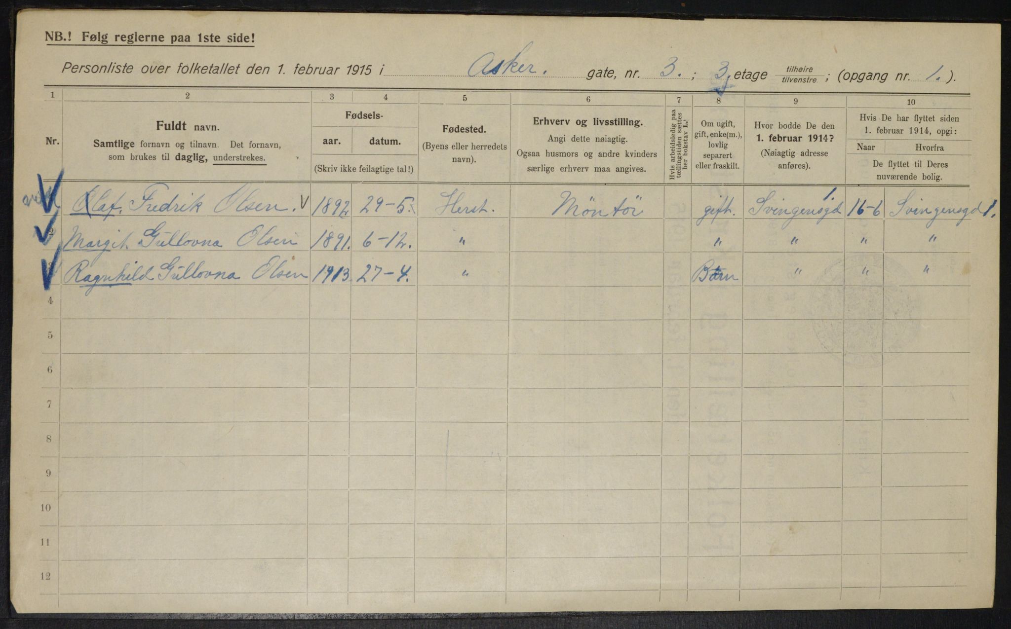 OBA, Municipal Census 1915 for Kristiania, 1915, p. 2604