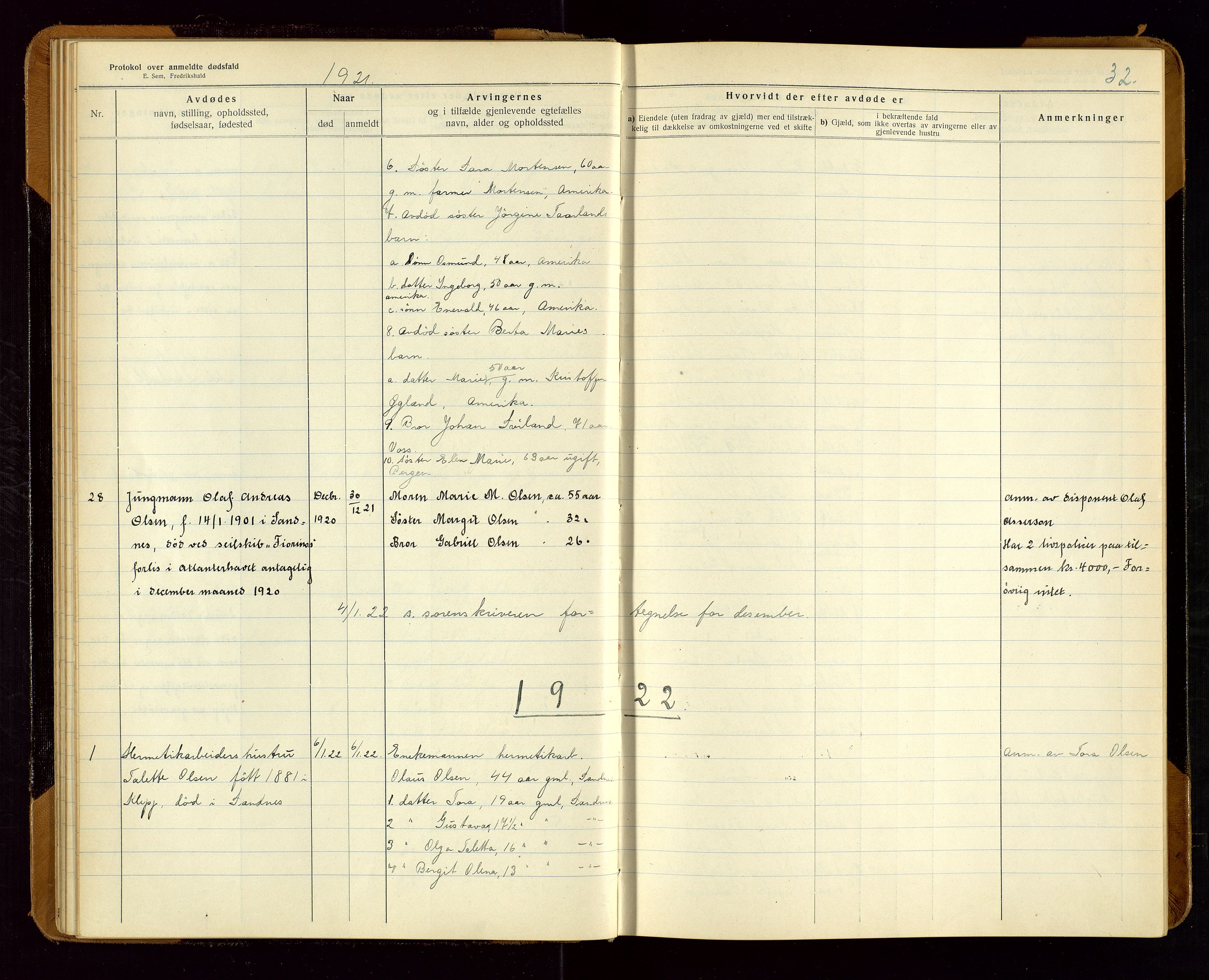 Sandnes lensmannskontor, SAST/A-100167/Gga/L0001: "Protokol over anmeldte dødsfald" m/register, 1918-1940, p. 32