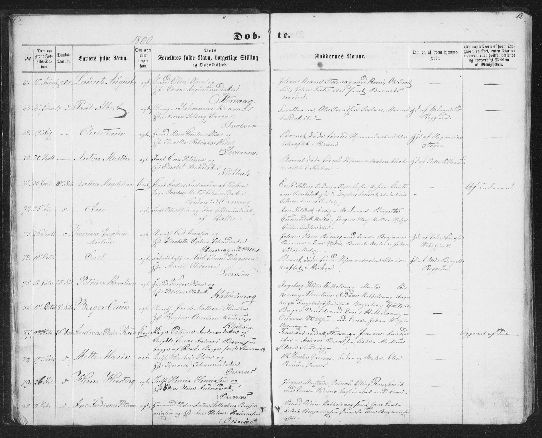 Ministerialprotokoller, klokkerbøker og fødselsregistre - Nordland, AV/SAT-A-1459/874/L1073: Parish register (copy) no. 874C02, 1860-1870, p. 12