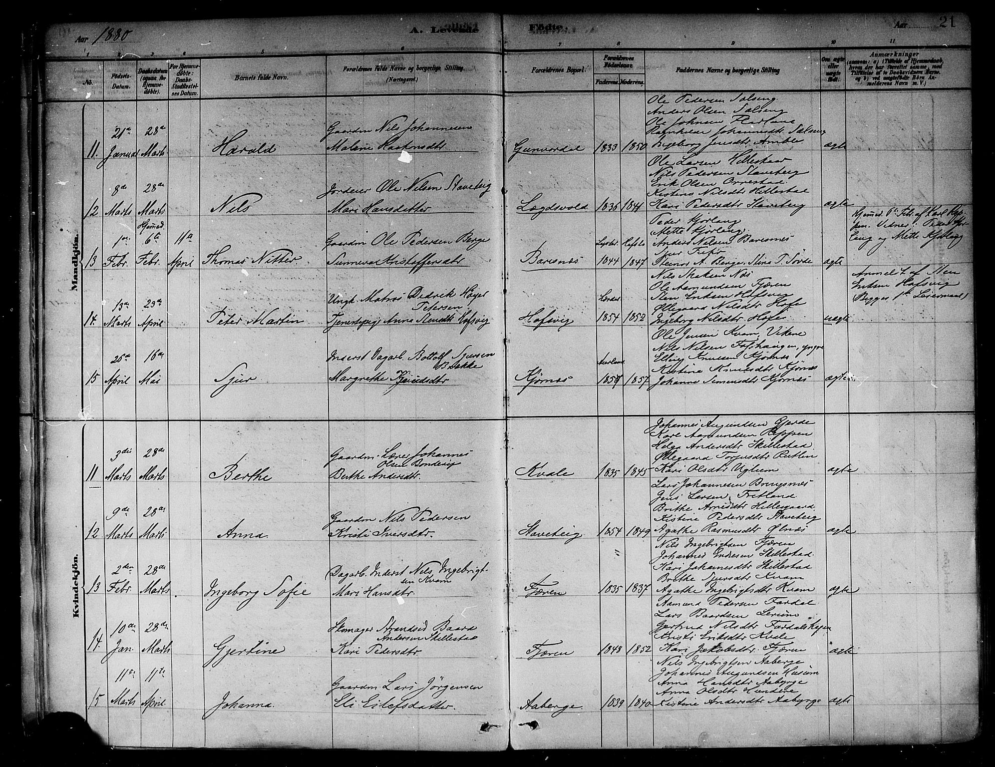 Sogndal sokneprestembete, AV/SAB-A-81301/H/Haa/Haab/L0001: Parish register (official) no. B 1, 1878-1899, p. 21