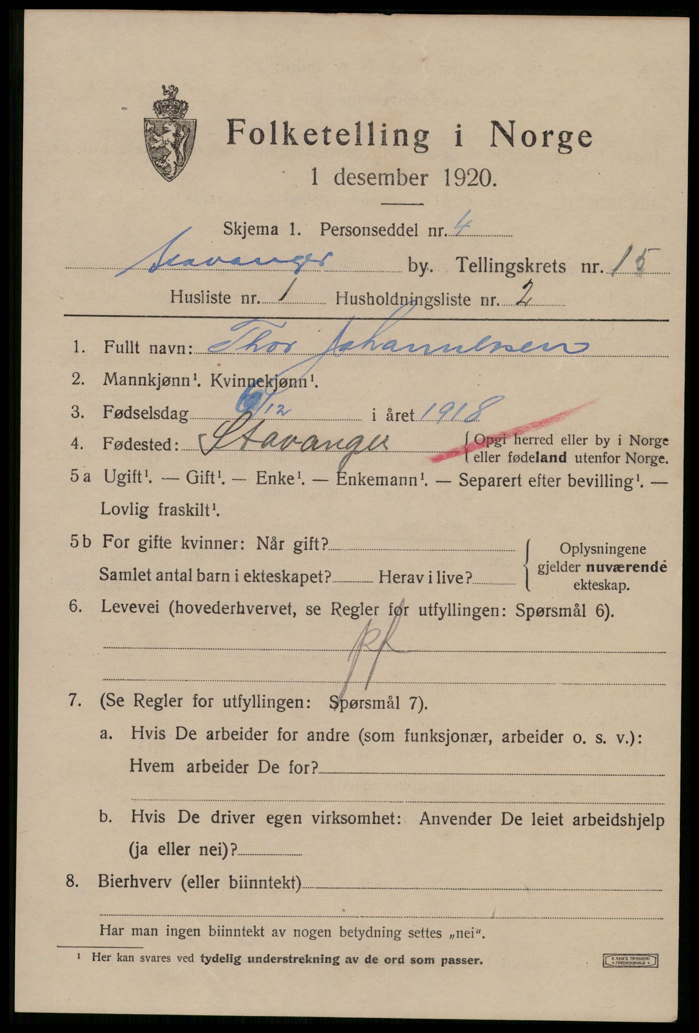 SAST, 1920 census for Stavanger, 1920, p. 61436