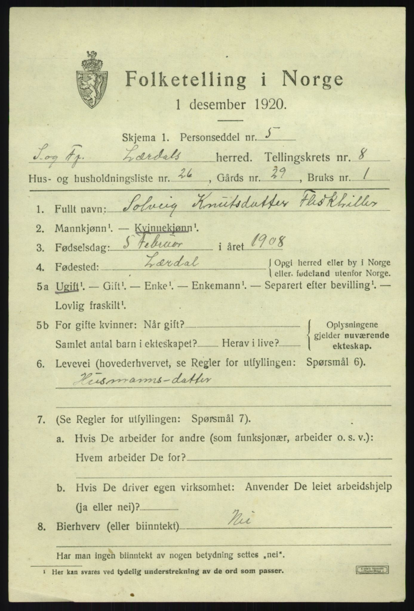 SAB, 1920 census for Lærdal, 1920, p. 4244