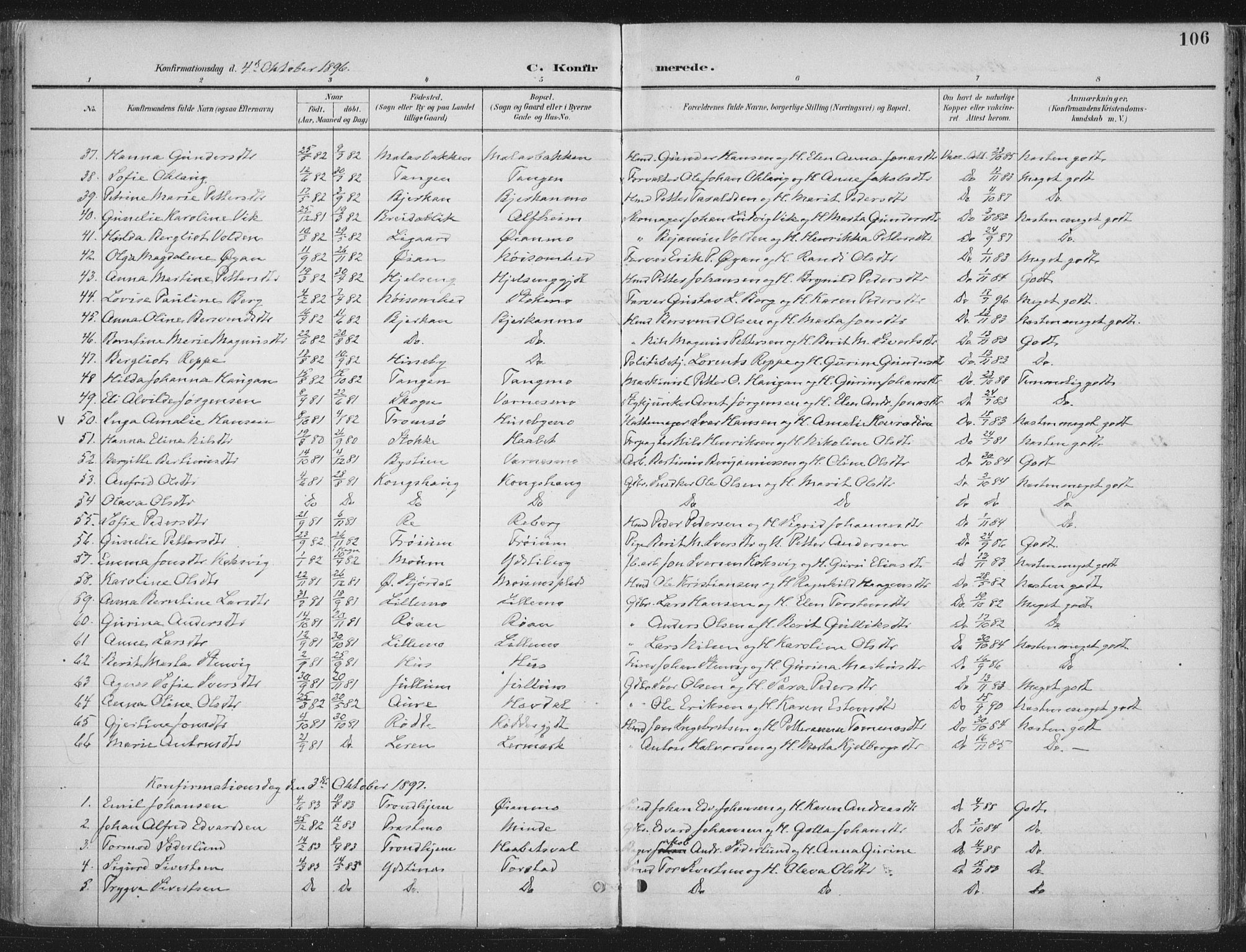 Ministerialprotokoller, klokkerbøker og fødselsregistre - Nord-Trøndelag, SAT/A-1458/709/L0082: Parish register (official) no. 709A22, 1896-1916, p. 106