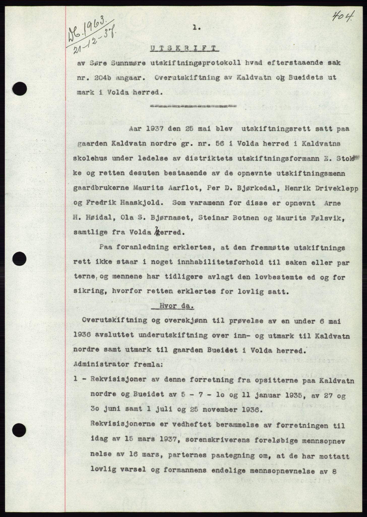 Søre Sunnmøre sorenskriveri, AV/SAT-A-4122/1/2/2C/L0064: Mortgage book no. 58, 1937-1938, Diary no: : 1963/1937