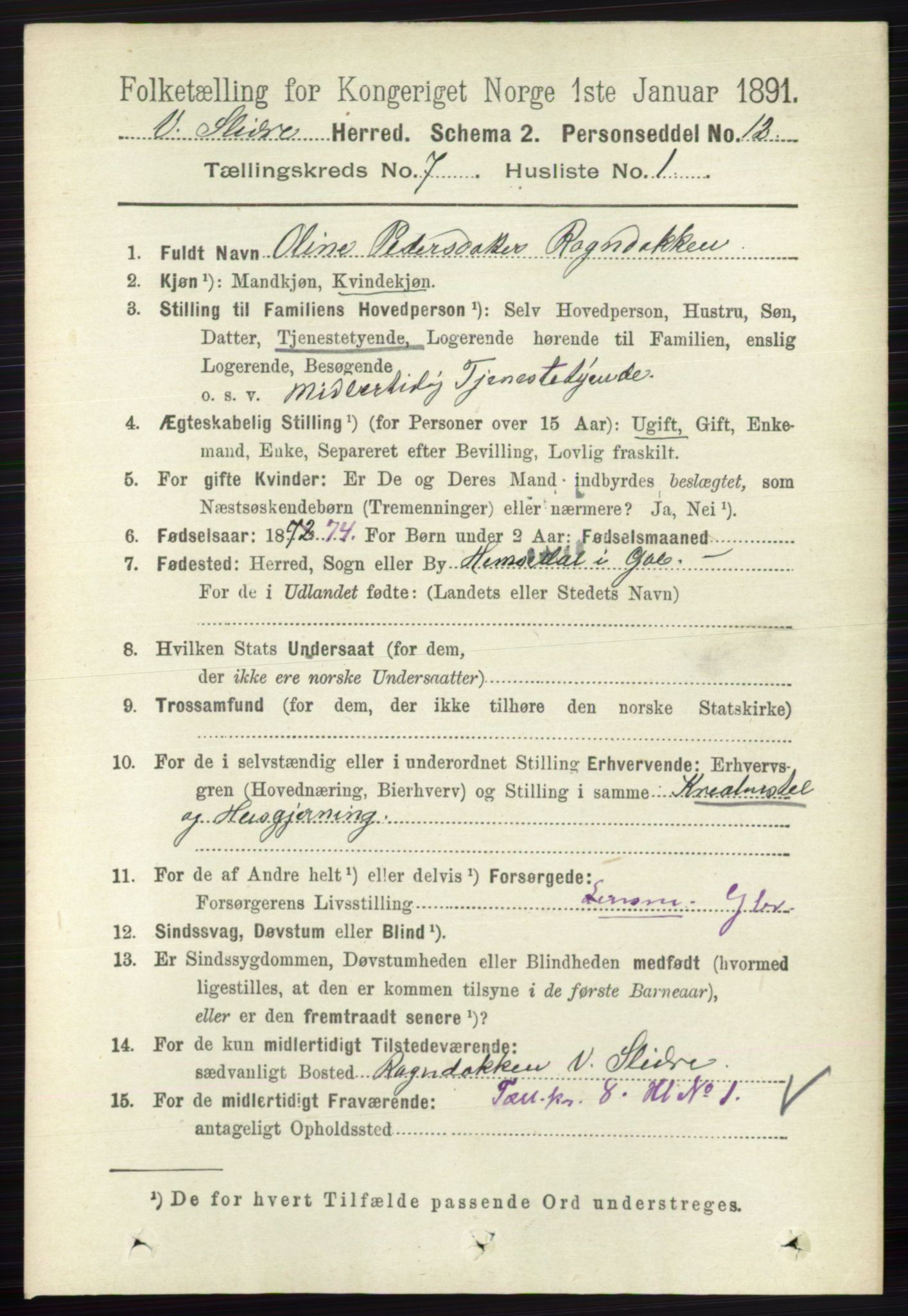 RA, 1891 census for 0543 Vestre Slidre, 1891, p. 2584