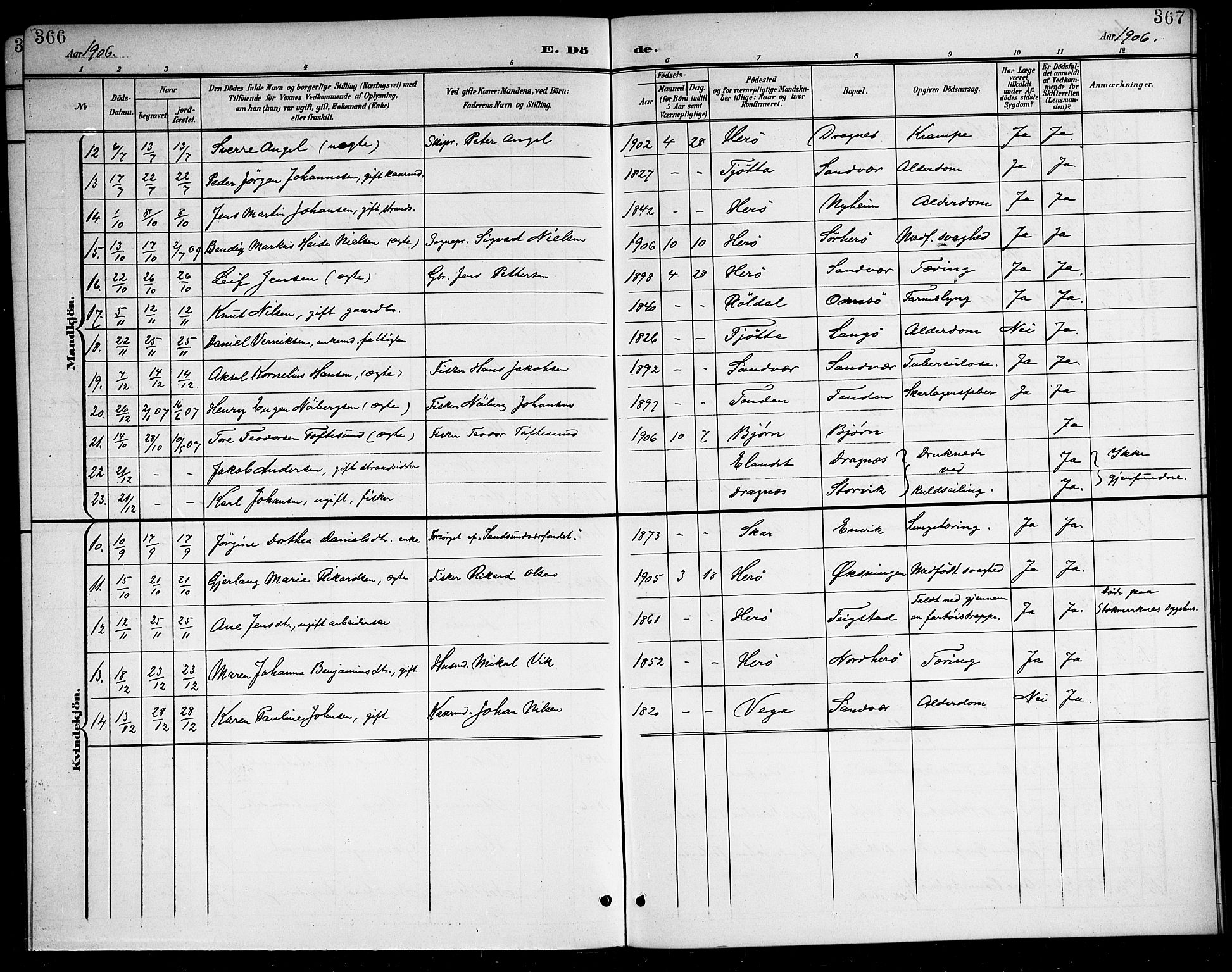 Ministerialprotokoller, klokkerbøker og fødselsregistre - Nordland, AV/SAT-A-1459/834/L0516: Parish register (copy) no. 834C06, 1902-1918, p. 366-367