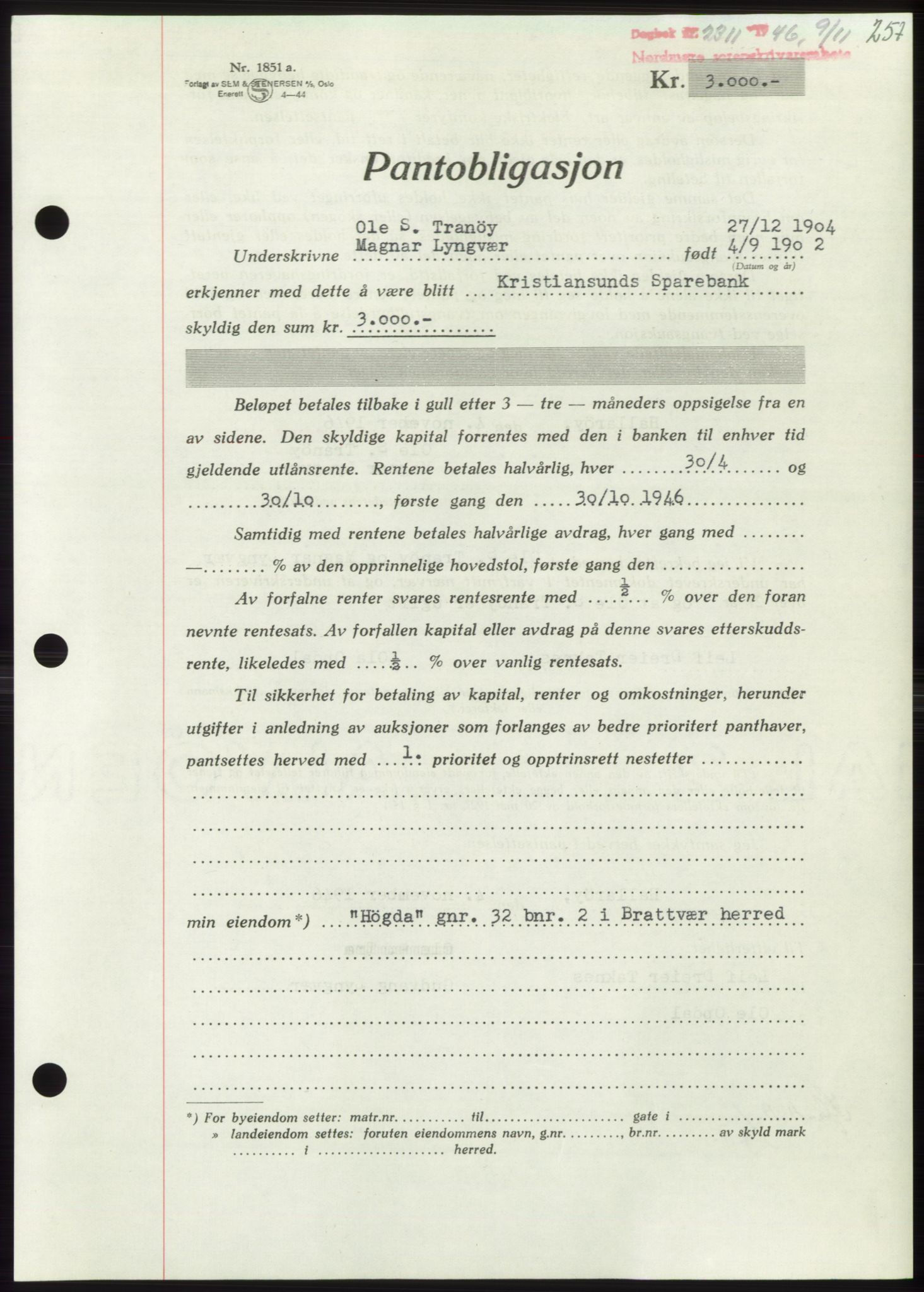 Nordmøre sorenskriveri, AV/SAT-A-4132/1/2/2Ca: Mortgage book no. B95, 1946-1947, Diary no: : 2311/1946