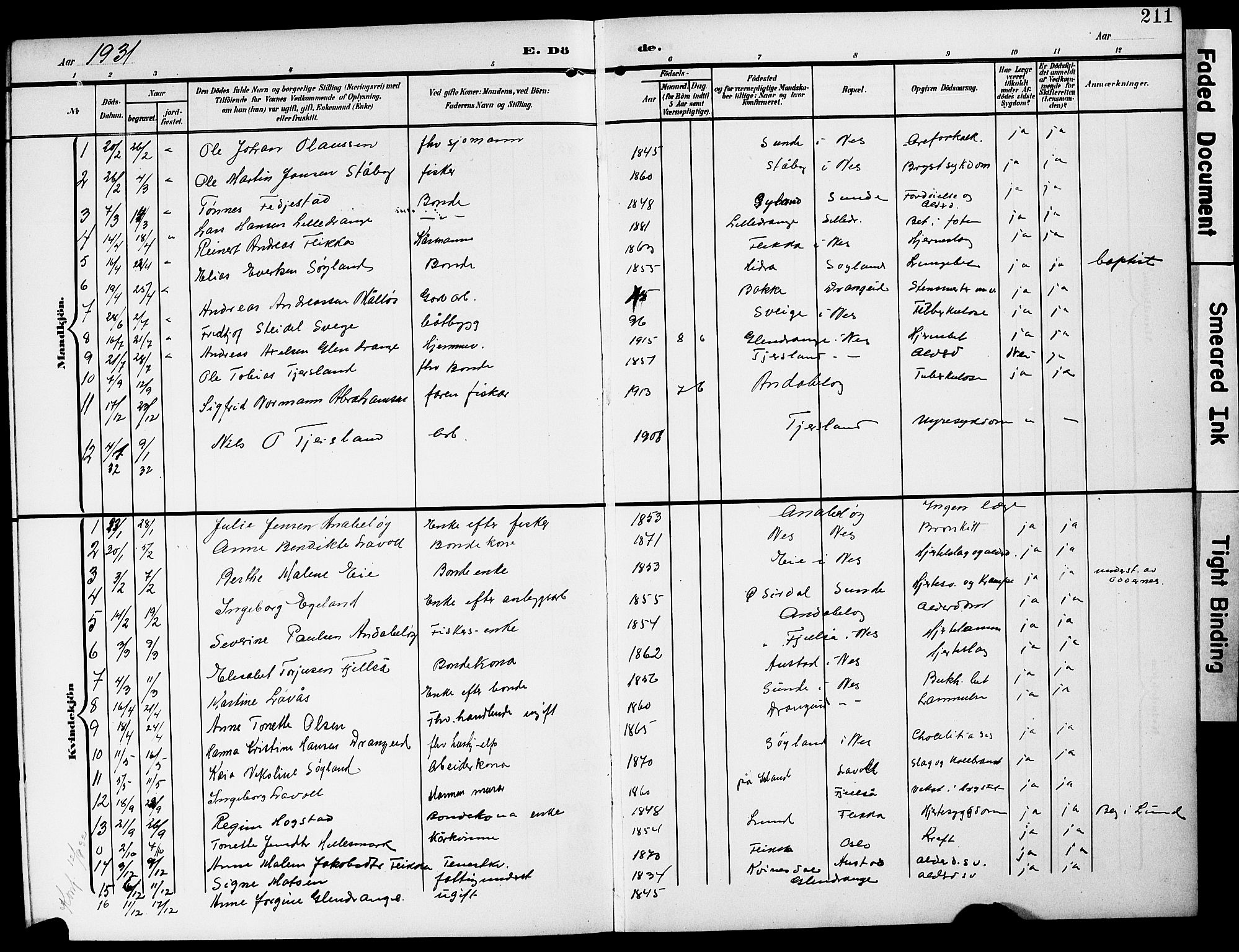 Flekkefjord sokneprestkontor, AV/SAK-1111-0012/F/Fb/Fbc/L0008: Parish register (copy) no. B 8, 1903-1931, p. 211