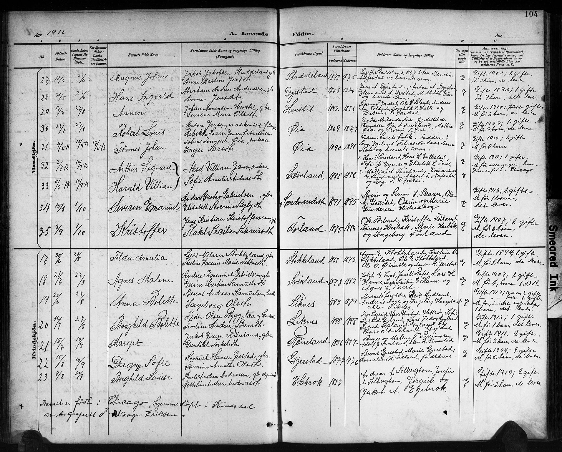 Kvinesdal sokneprestkontor, SAK/1111-0026/F/Fb/Fbb/L0003: Parish register (copy) no. B 3, 1898-1916, p. 104